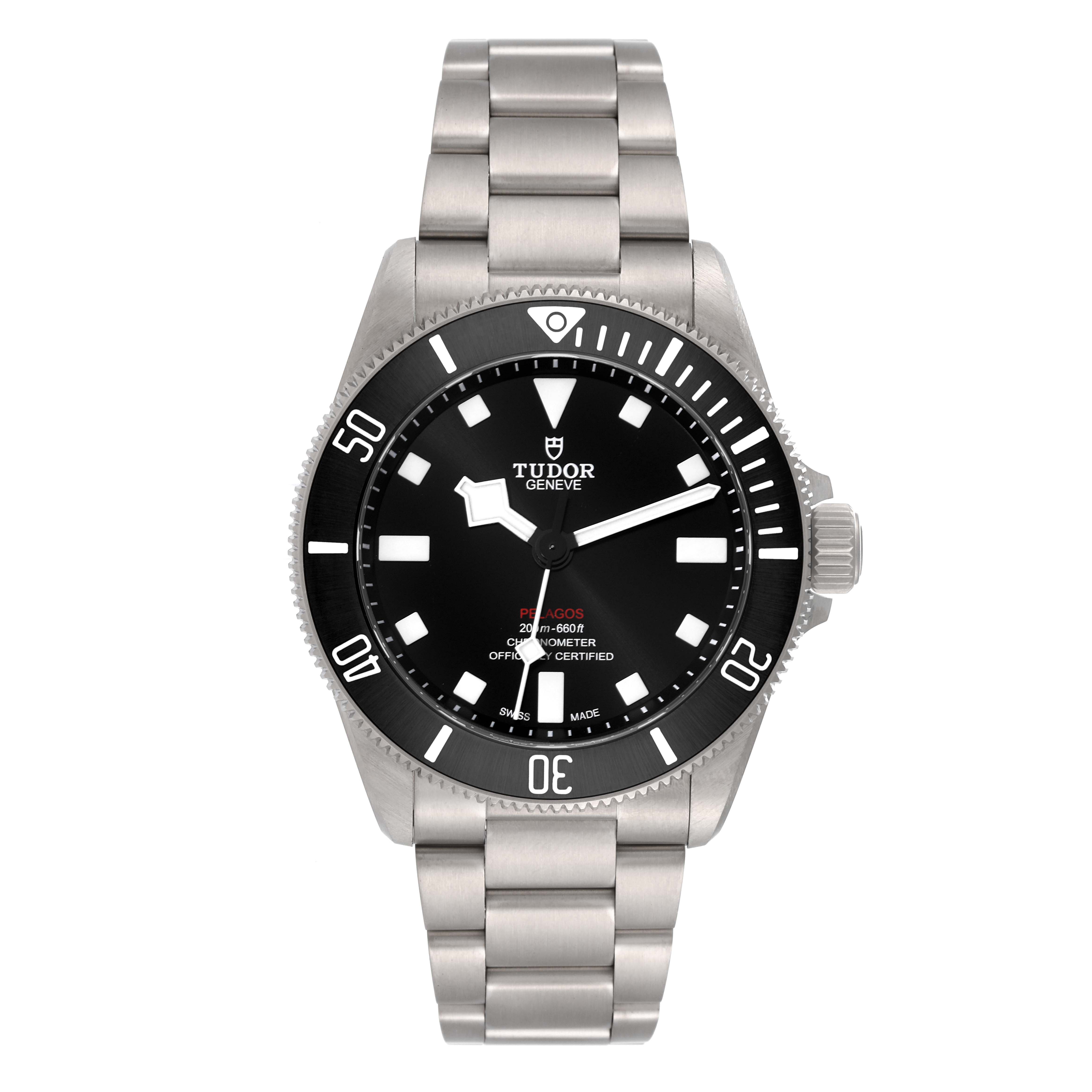 This image shows a front angle view of the Tudor Pelagos 25407N Men
s Titanium Black Dial 25407N Men
s Titanium Black Dial watch, highlighting its dial, bezel, crown, and bracelet.