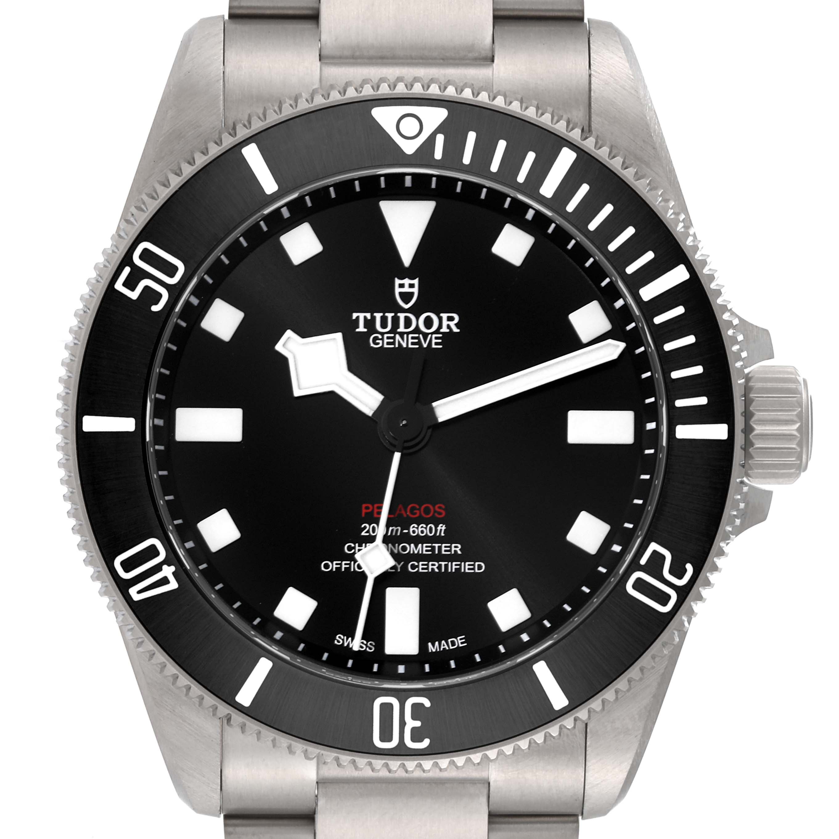 The image shows a front view of the Tudor Pelagos 25407N Men
s Titanium Black Dial 25407N Men
s Titanium Black Dial watch, highlighting its face, bezel, and part of the bracelet.