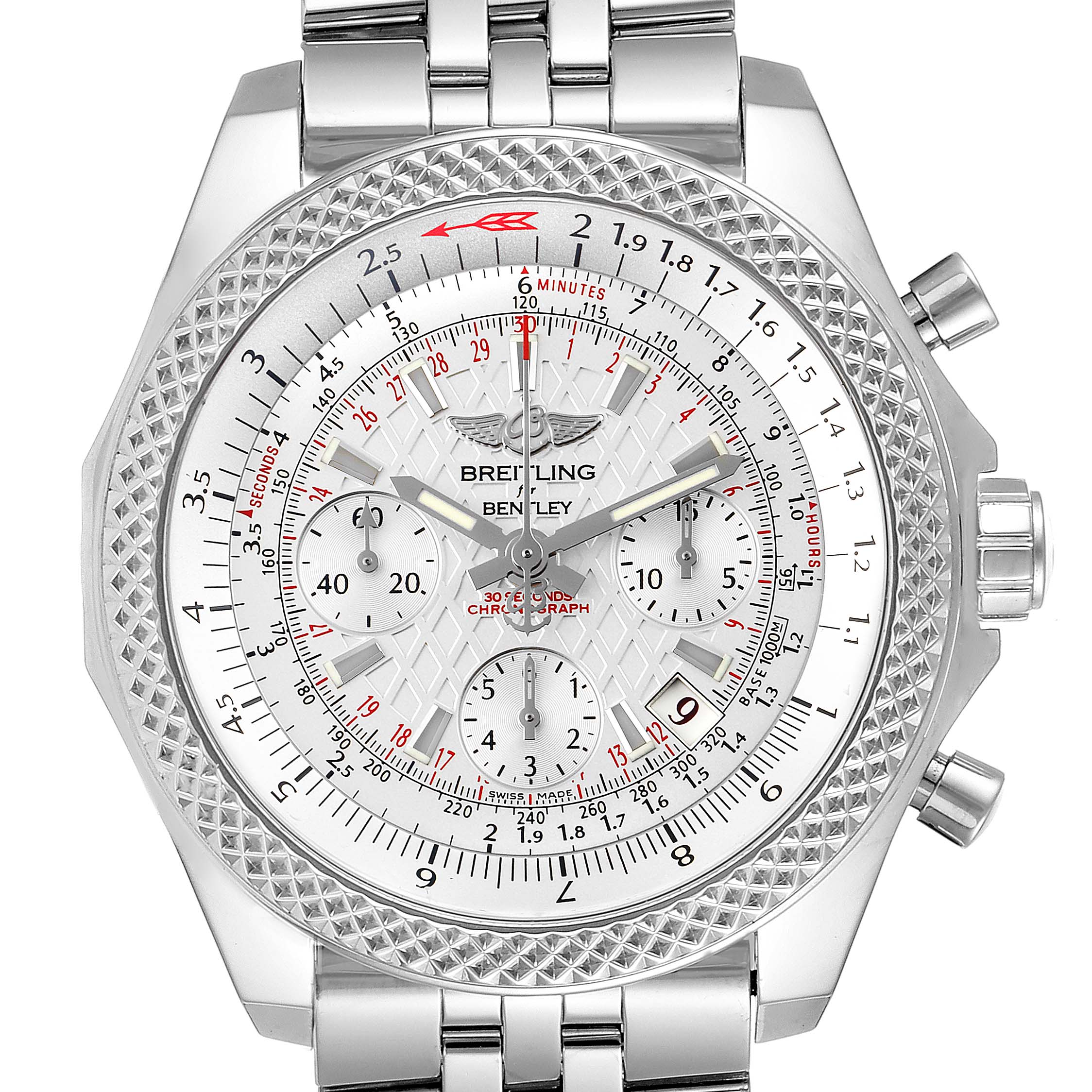 This image shows a frontal view of the Breitling Bentley AB061221/G810-980A Men's Stainless Steel Silver Dial AB061221/G810-980A Men's Stainless Steel Silver Dial watch, displaying the dial, bezel, pushers, and bracelet.