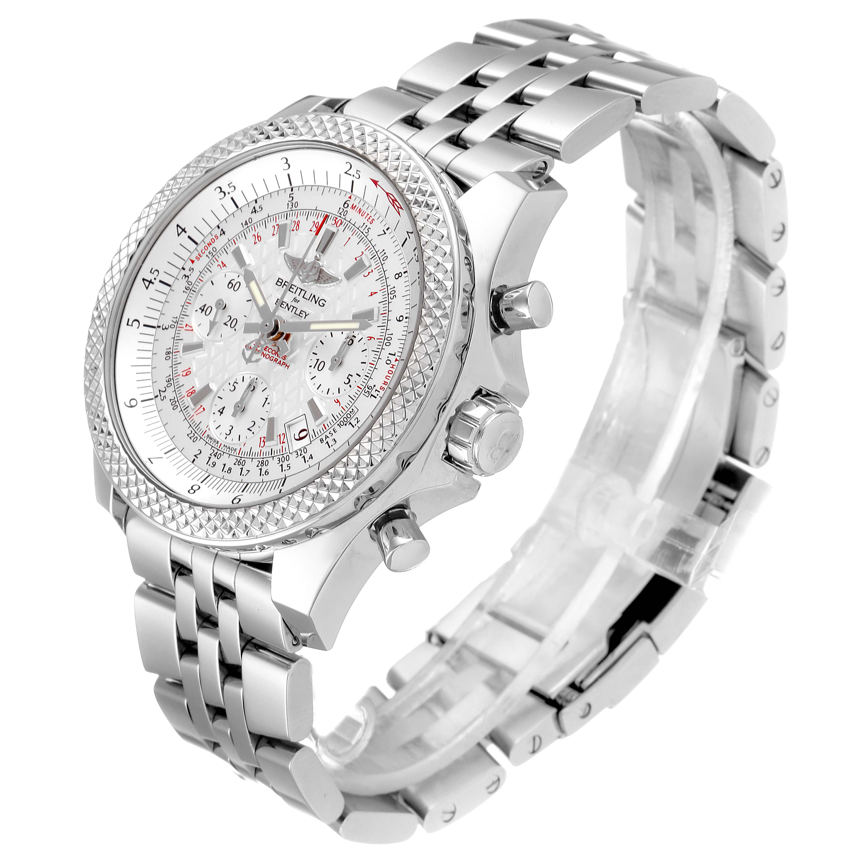 The Breitling Bentley AB061221/G810-980A Men's Stainless Steel Silver Dial AB061221/G810-980A Men's Stainless Steel Silver Dial watch is shown at an angle displaying its face, bezel, side buttons, and metal bracelet.