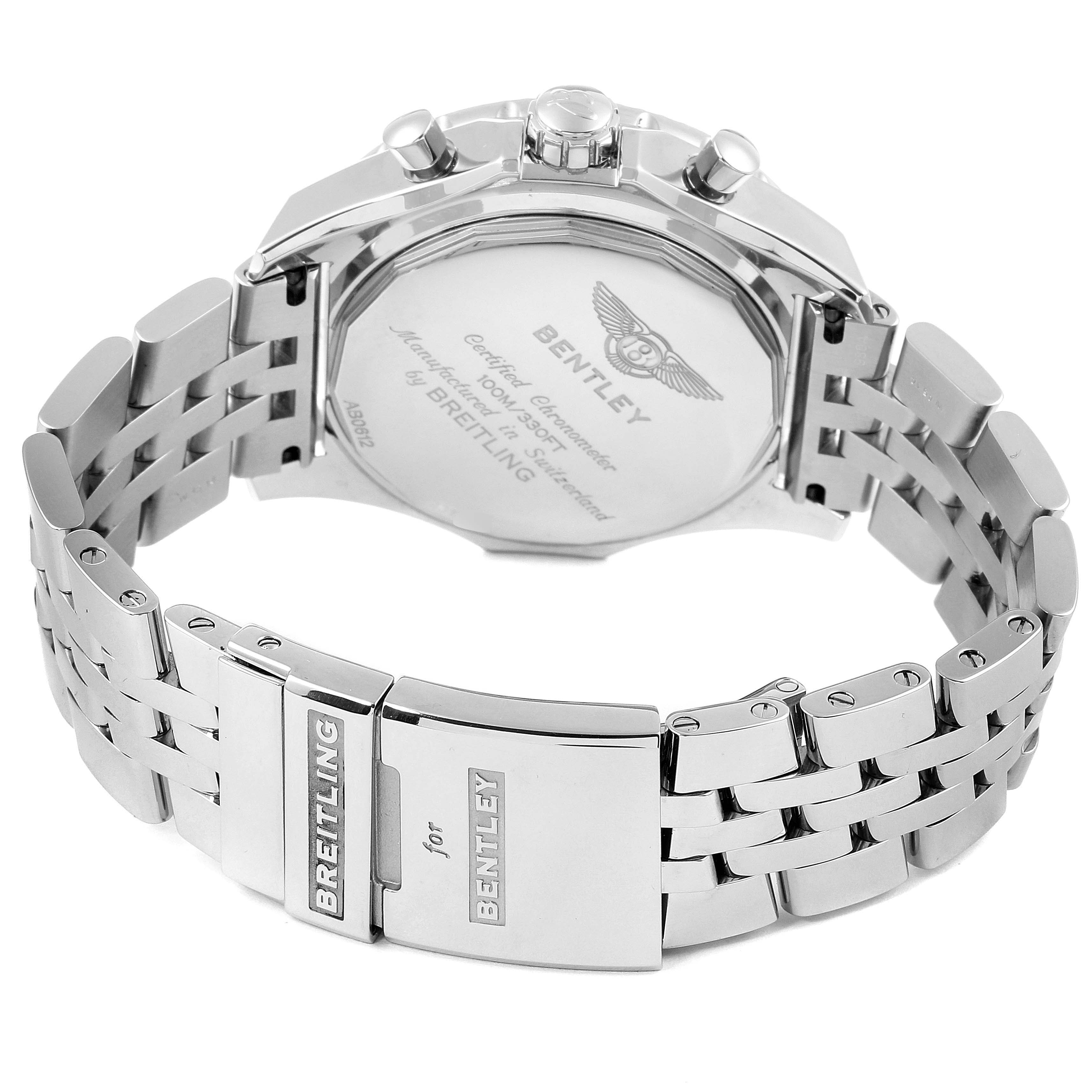 The image shows the back and bracelet of a Breitling Bentley AB061221/G810-980A Men's Stainless Steel Silver Dial AB061221/G810-980A Men's Stainless Steel Silver Dial watch, highlighting the clasp and case back.