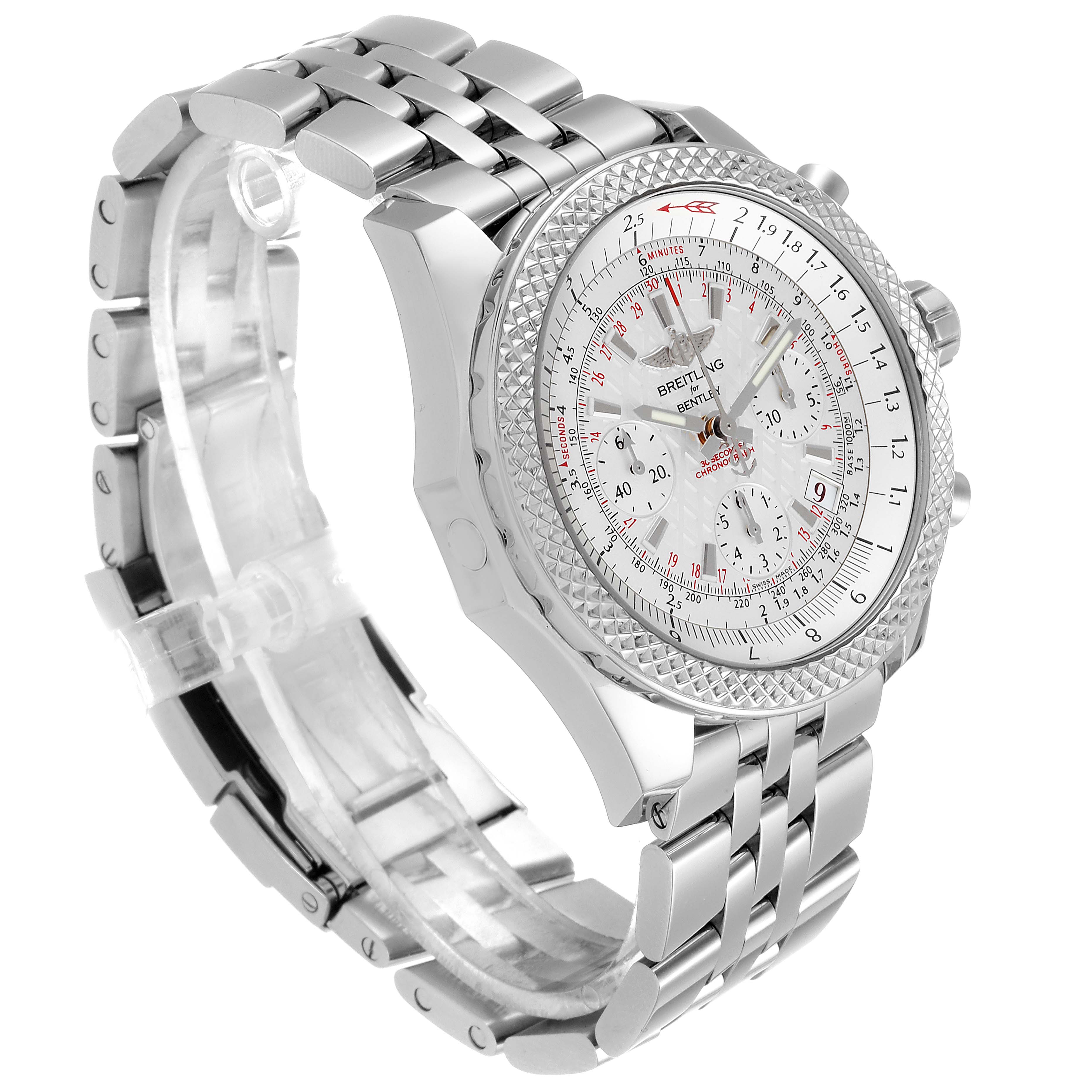 The image shows a Breitling Bentley AB061221/G810-980A Men's Stainless Steel Silver Dial AB061221/G810-980A Men's Stainless Steel Silver Dial model watch at a side angle, highlighting the stainless steel bracelet, bezel, and dial.