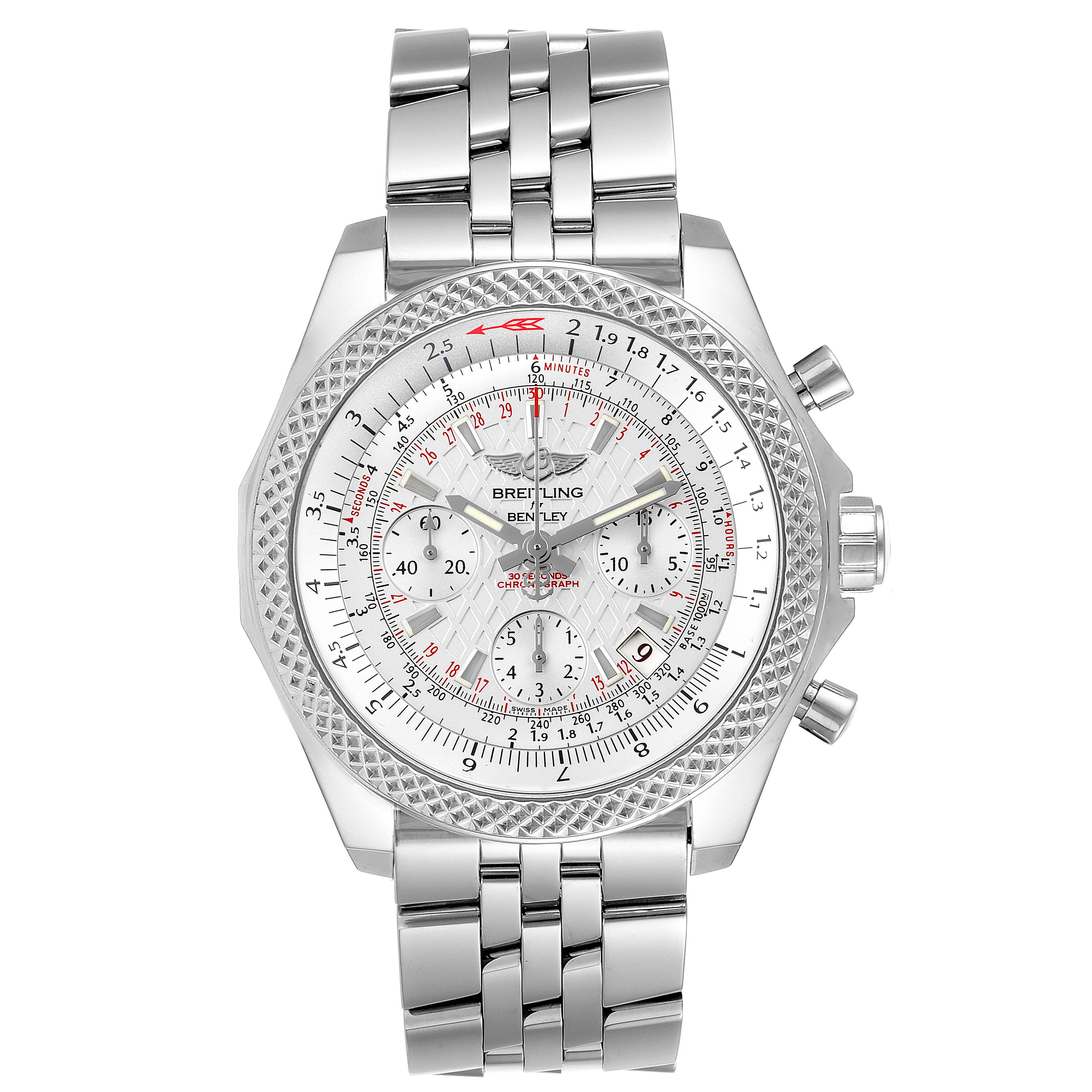 The image shows a front view of a Breitling Bentley AB061221/G810-980A Men's Stainless Steel Silver Dial AB061221/G810-980A Men's Stainless Steel Silver Dial watch, highlighting the face, bezel, and metal bracelet.