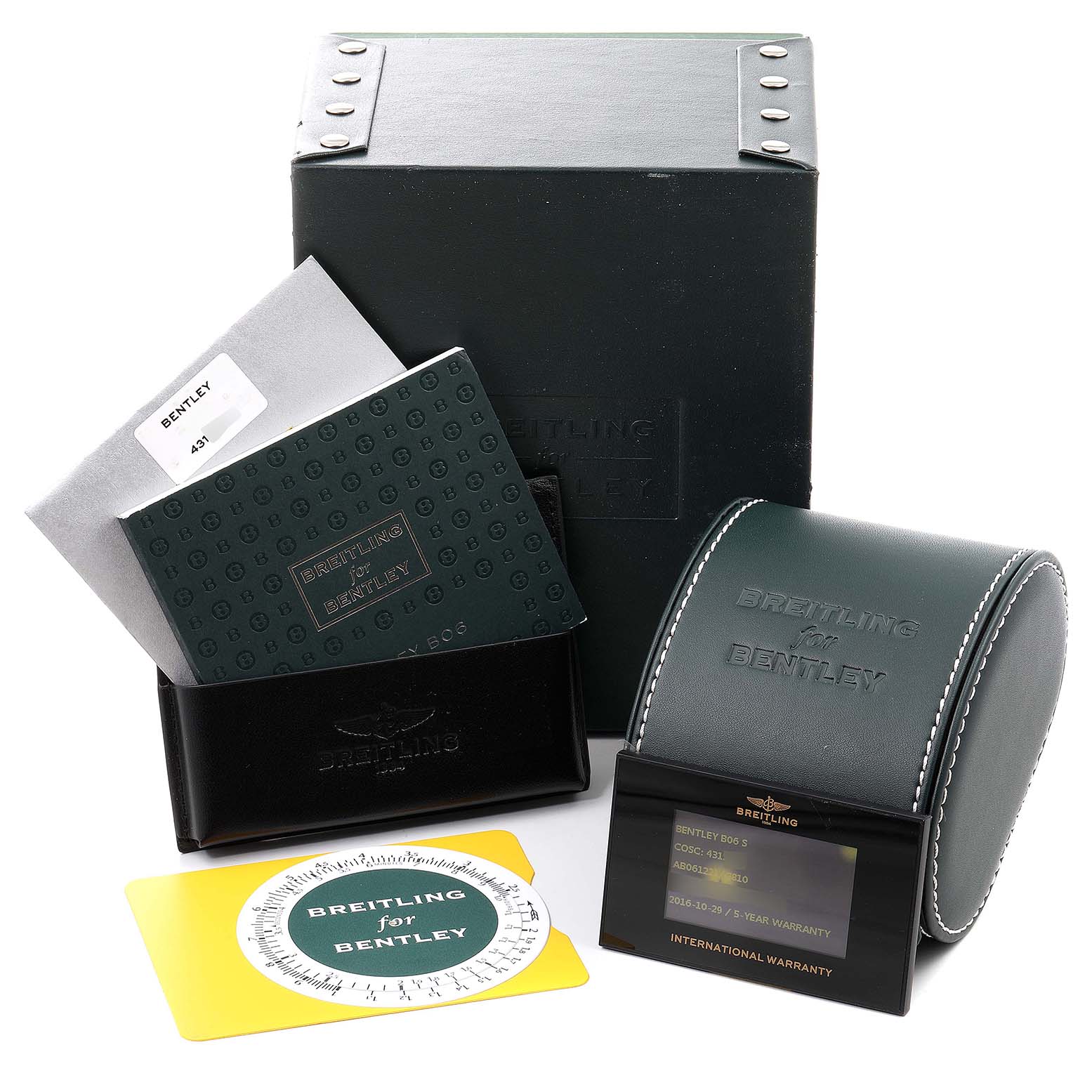 The image shows the box, case, manuals, and warranty card for a Breitling Bentley AB061221/G810-980A Men's Stainless Steel Silver Dial AB061221/G810-980A Men's Stainless Steel Silver Dial watch.