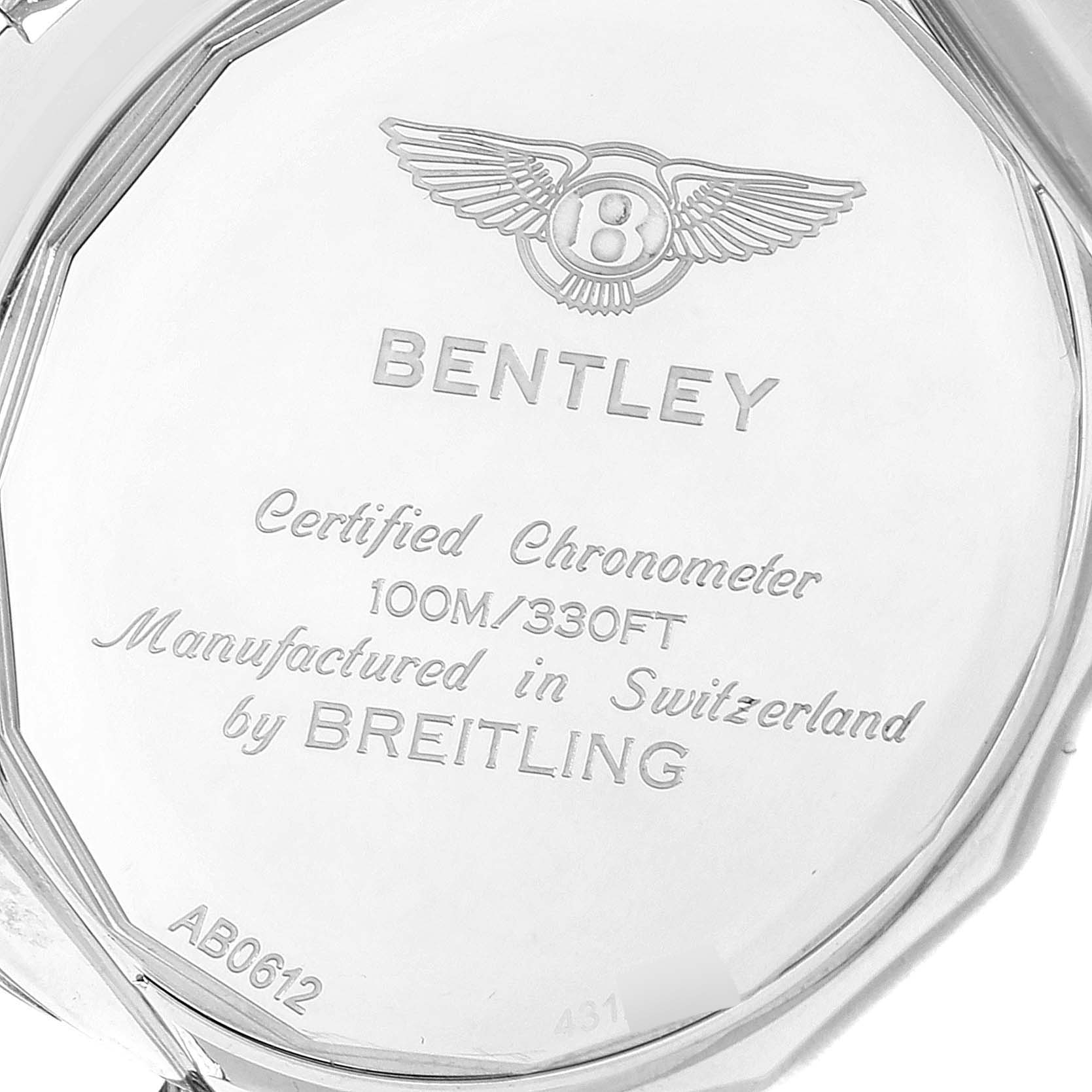 The image shows the back case of a Breitling Bentley AB061221/G810-980A Men's Stainless Steel Silver Dial AB061221/G810-980A Men's Stainless Steel Silver Dial watch, displaying engraved details.
