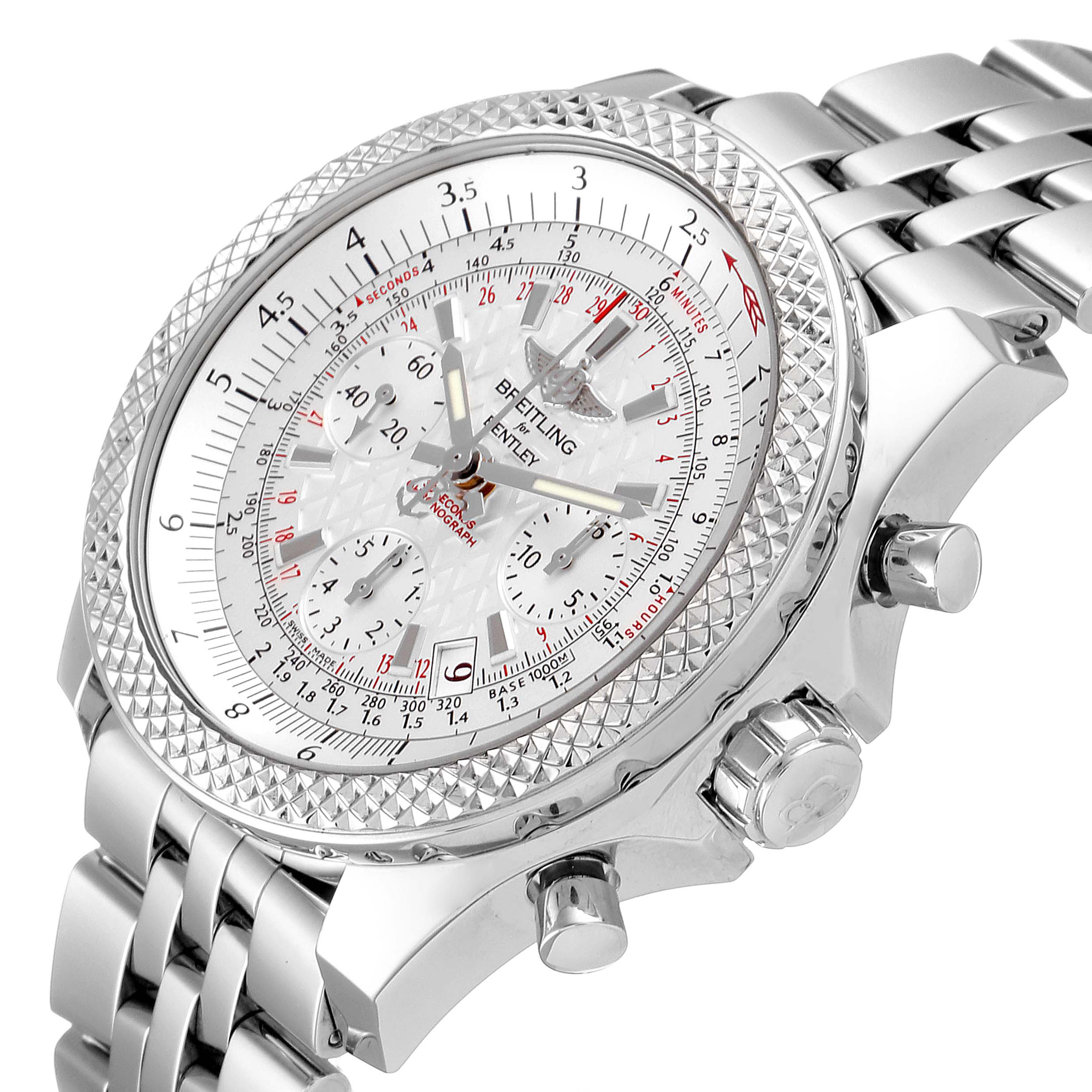 The image shows a Breitling Bentley AB061221/G810-980A Men's Stainless Steel Silver Dial AB061221/G810-980A Men's Stainless Steel Silver Dial watch at a tilted angle, showcasing its dial, bezel, and metal bracelet.