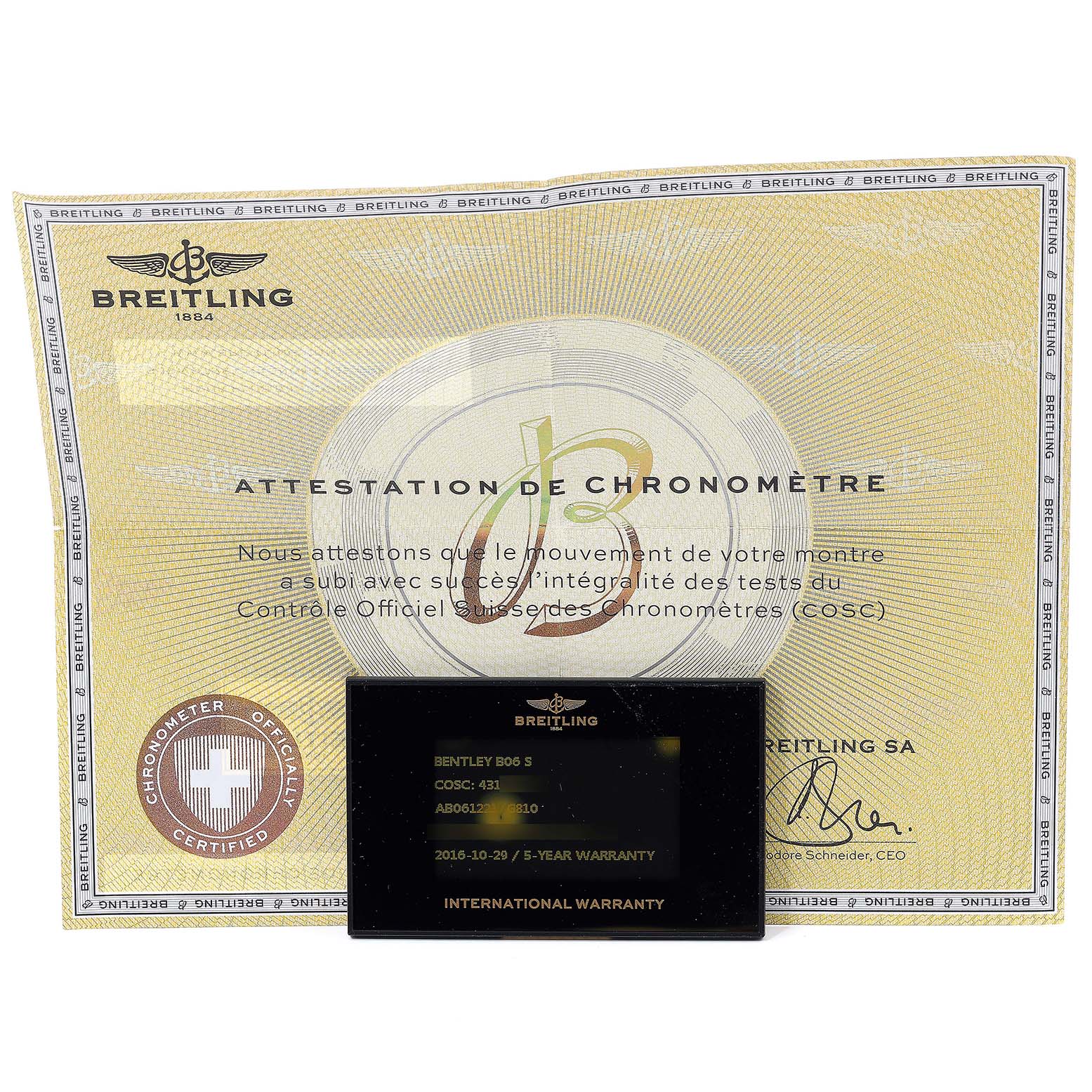 The image displays a Breitling Bentley AB061221/G810-980A Men's Stainless Steel Silver Dial AB061221/G810-980A Men's Stainless Steel Silver Dial B06 S certificate of chronometer performance with an international warranty card in the foreground.