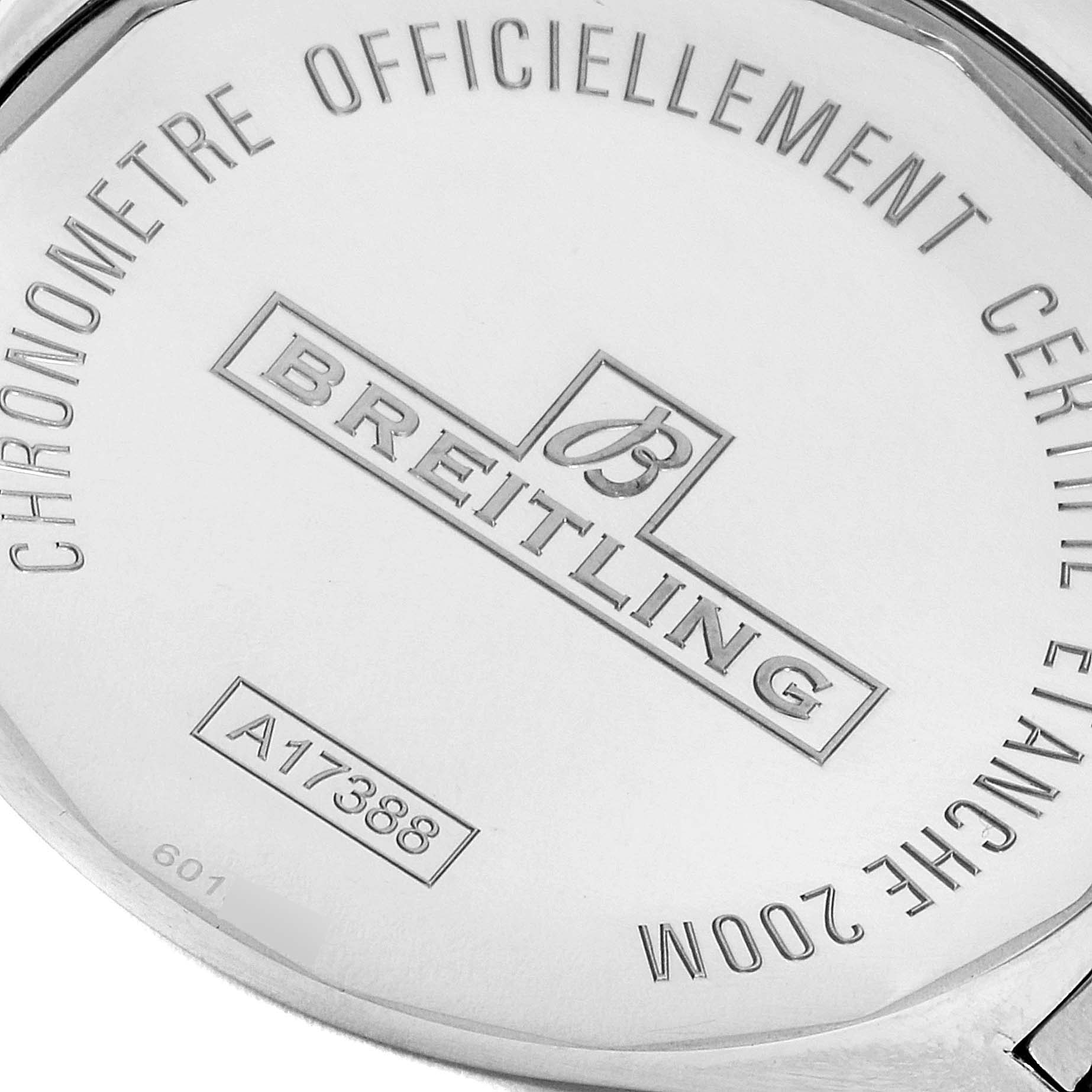 The image shows the back case of the Breitling Colt A17388 Men's Stainless Steel Blue Dial A17388 Men's Stainless Steel Blue Dial watch model A17388, featuring branding and specifications.