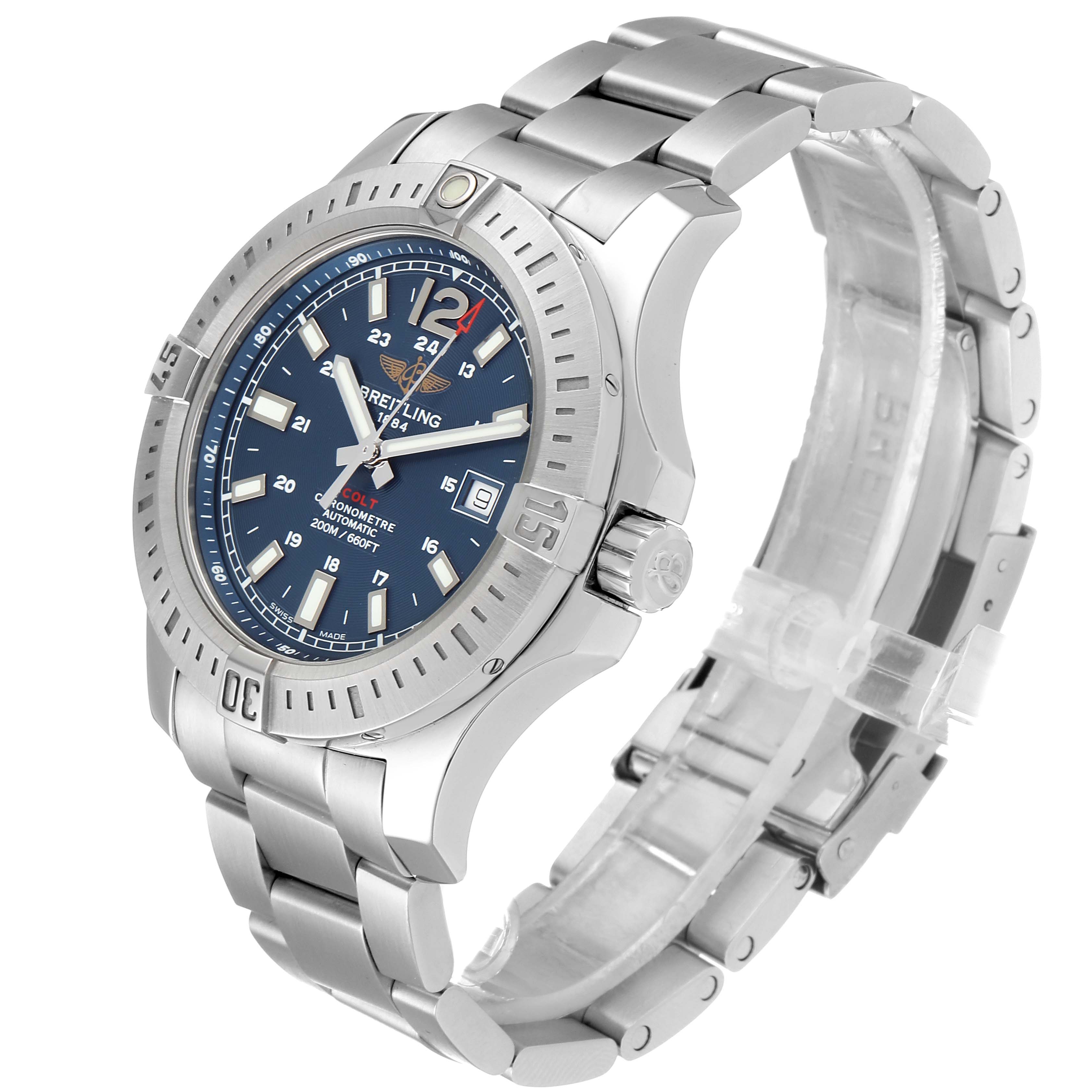 The image shows a Breitling Colt A17388 Men's Stainless Steel Blue Dial A17388 Men's Stainless Steel Blue Dial model watch at an angled view, highlighting its dial, bezel, crown, and bracelet.