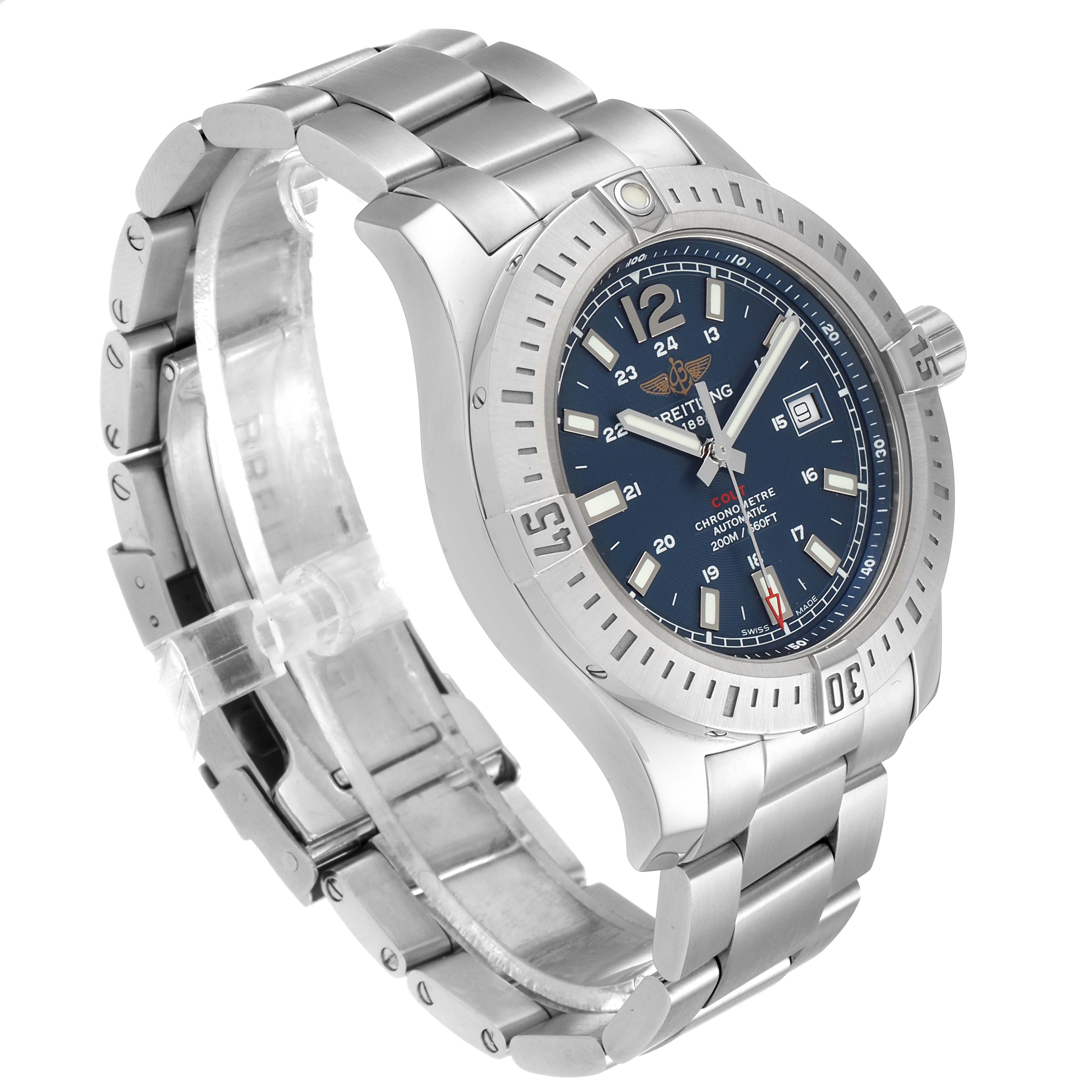 The image shows a Breitling Colt A17388 Men's Stainless Steel Blue Dial A17388 Men's Stainless Steel Blue Dial watch from an angle that highlights the face, bezel, and bracelet.