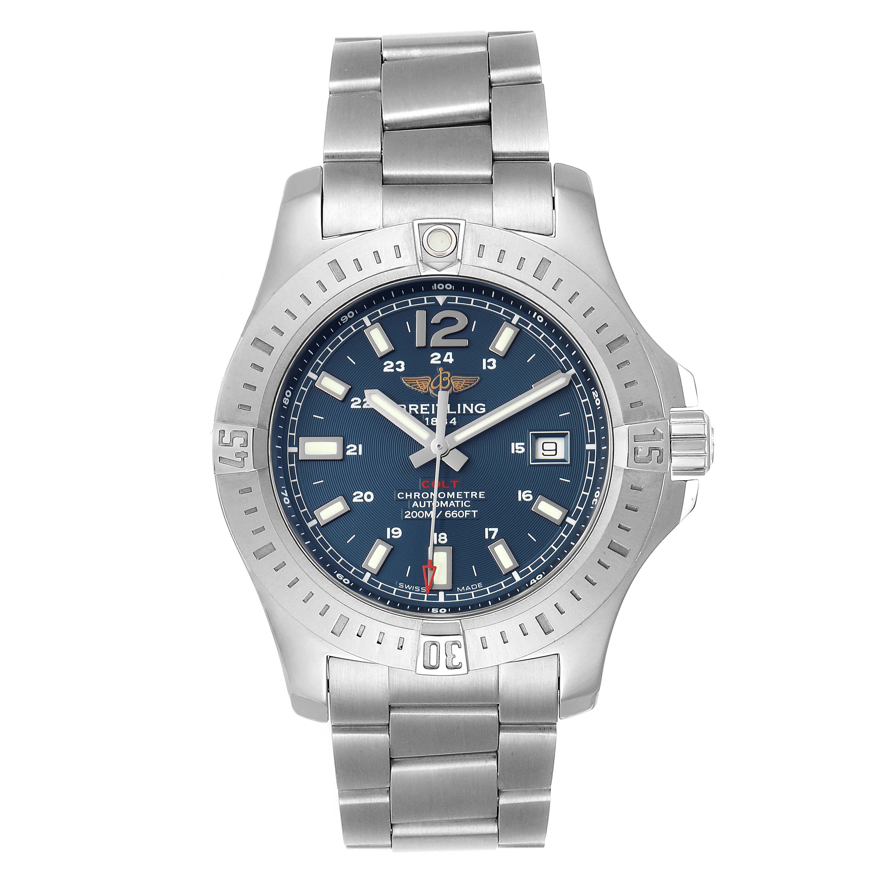 This image shows the front view of a Breitling Colt A17388 Men's Stainless Steel Blue Dial A17388 Men's Stainless Steel Blue Dial watch, highlighting the dial, bezel, crown, and bracelet.