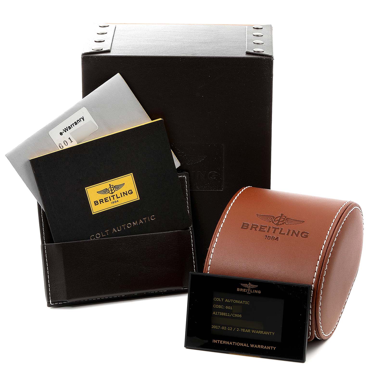 The image shows the Breitling Colt A17388 Men's Stainless Steel Blue Dial A17388 Men's Stainless Steel Blue Dial watch's box, case, warranty card, and instruction booklet.