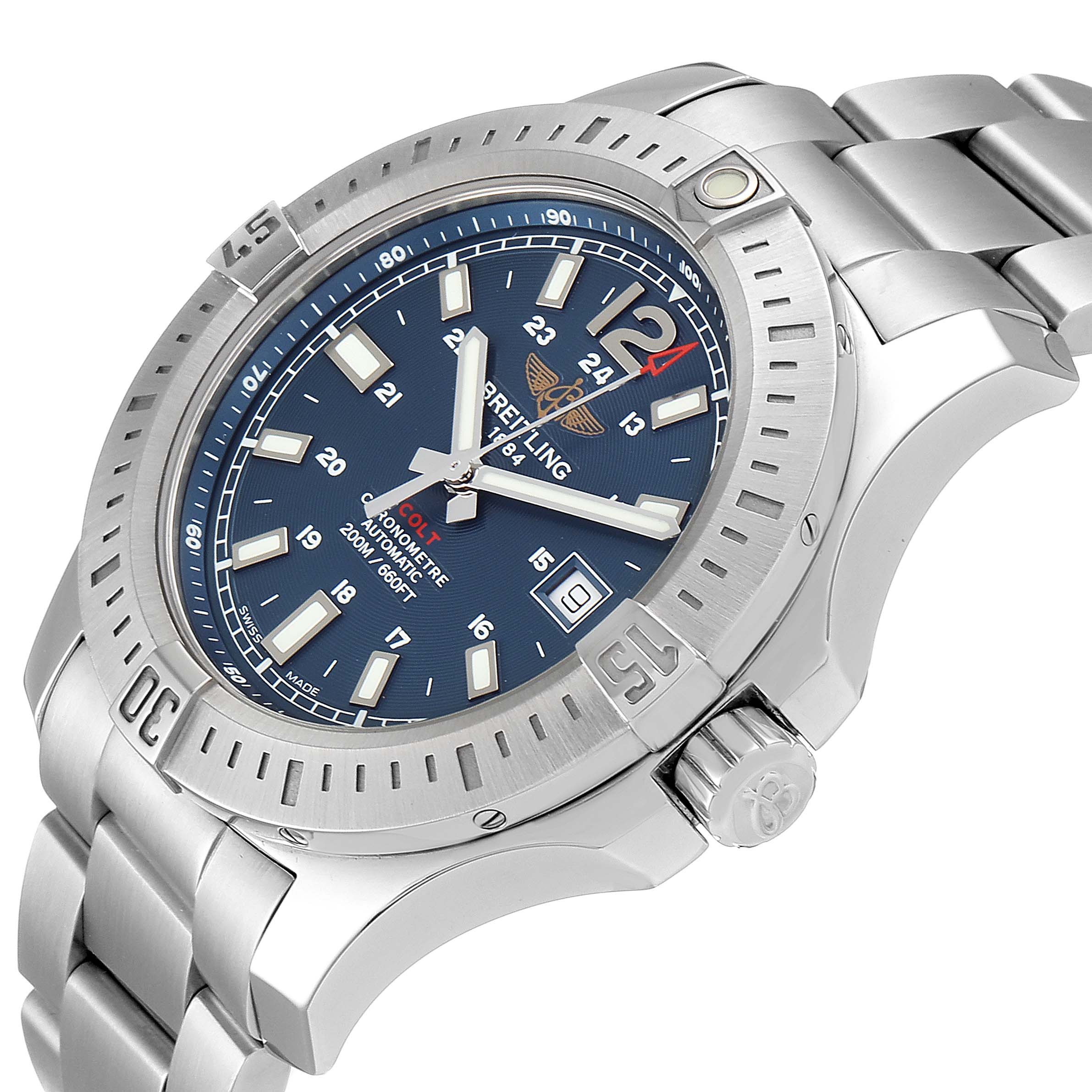 The image shows a close-up, angled view of the Breitling Colt A17388 Men's Stainless Steel Blue Dial A17388 Men's Stainless Steel Blue Dial watch, highlighting the dial, bezel, and part of the bracelet.