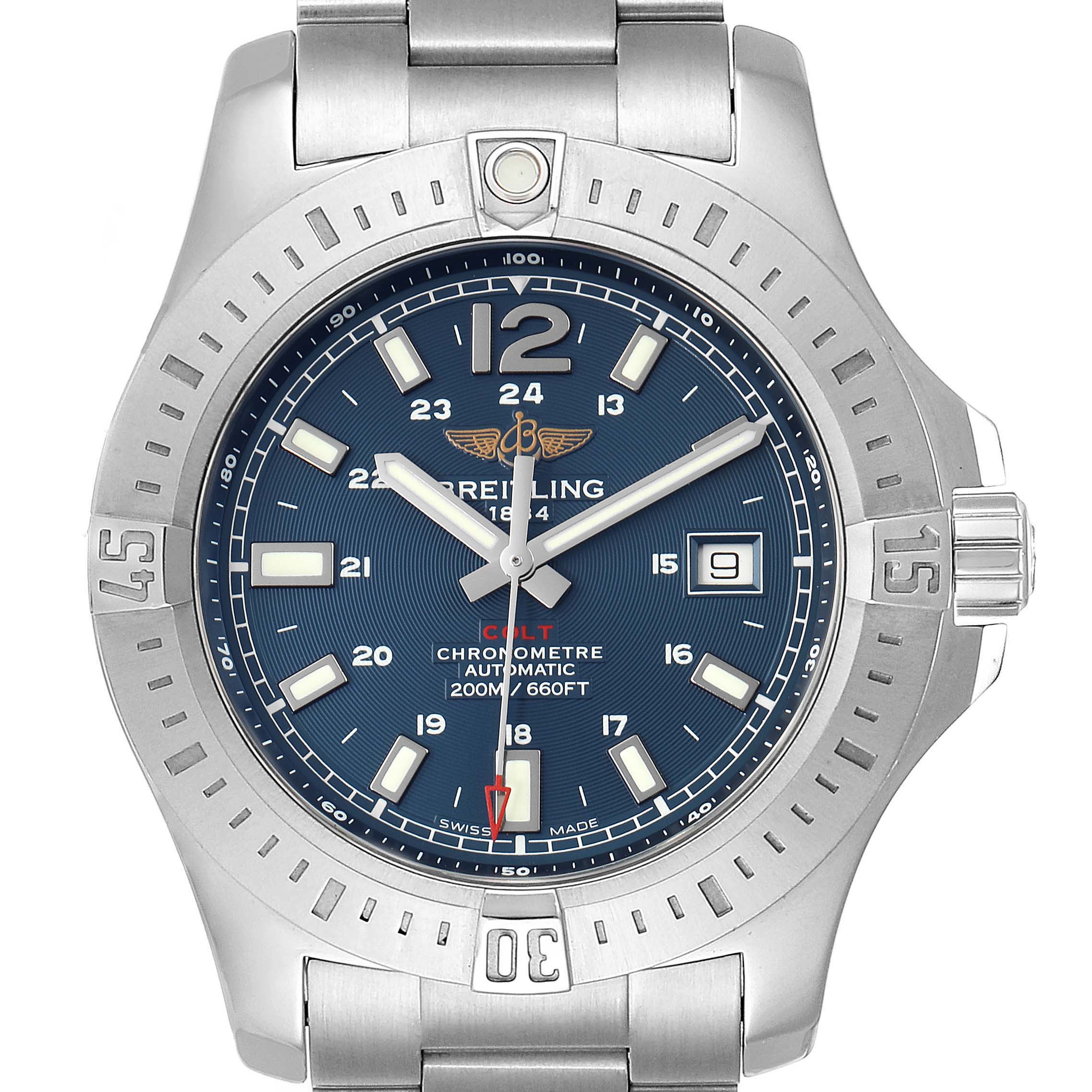 The image shows a frontal view of the Breitling Colt A17388 Men's Stainless Steel Blue Dial A17388 Men's Stainless Steel Blue Dial watch, highlighting its dial, bezel, and bracelet.
