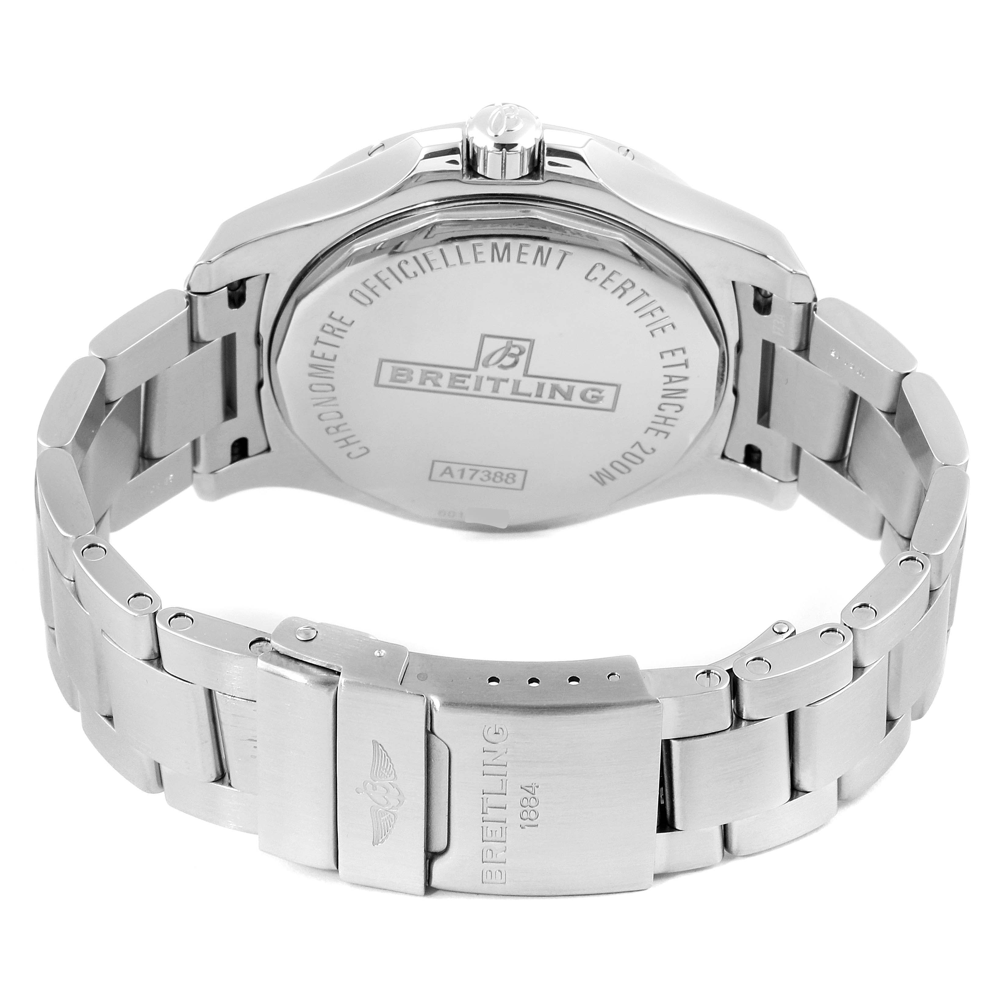 The image shows the back case, crown, and bracelet clasp of a Breitling Colt A17388 Men's Stainless Steel Blue Dial A17388 Men's Stainless Steel Blue Dial watch at a rear angle.