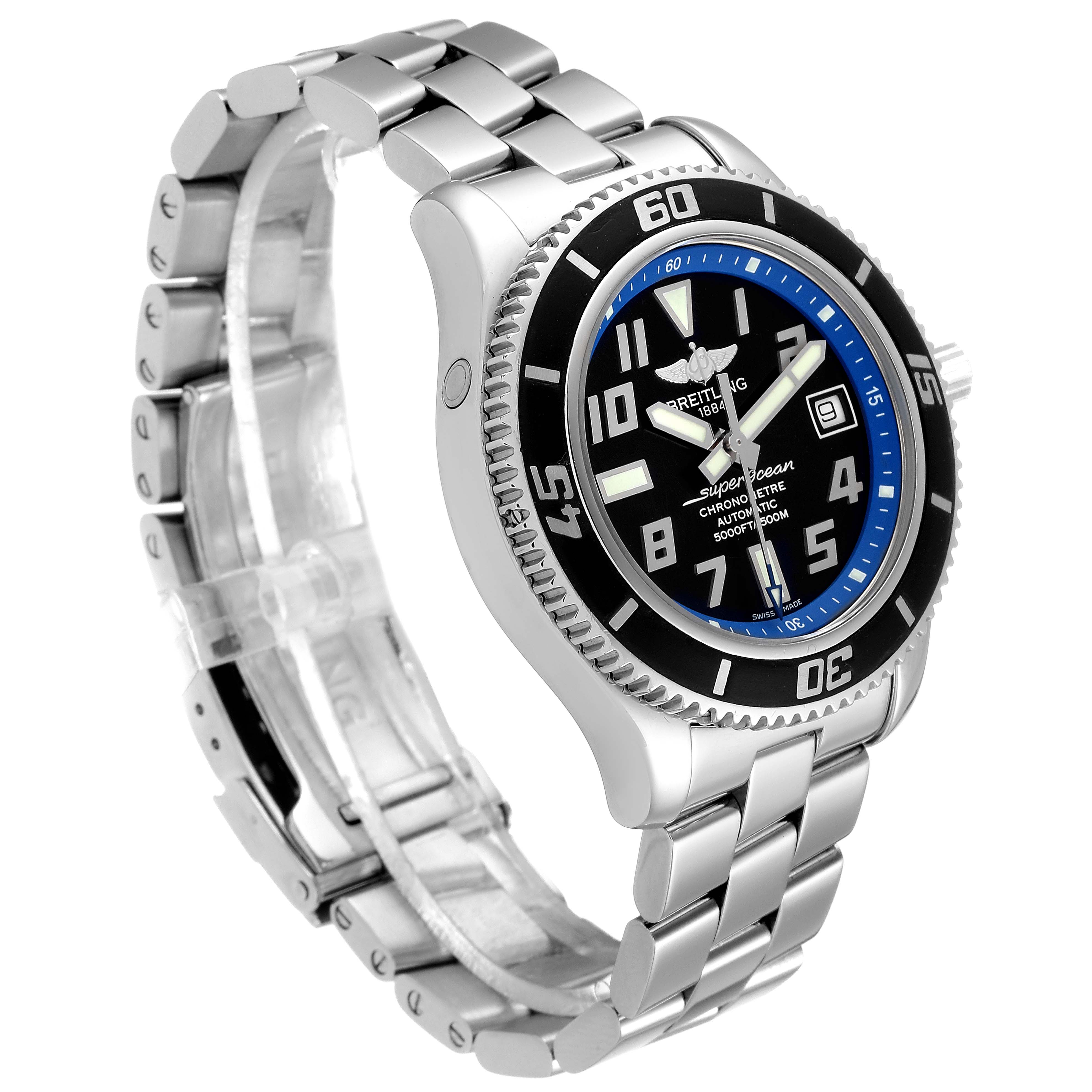 The image shows a Breitling Superocean A17364 Men's Stainless Steel Black Dial A17364 Men's Stainless Steel Black Dial watch angled from the front-left, highlighting its face and metal bracelet.