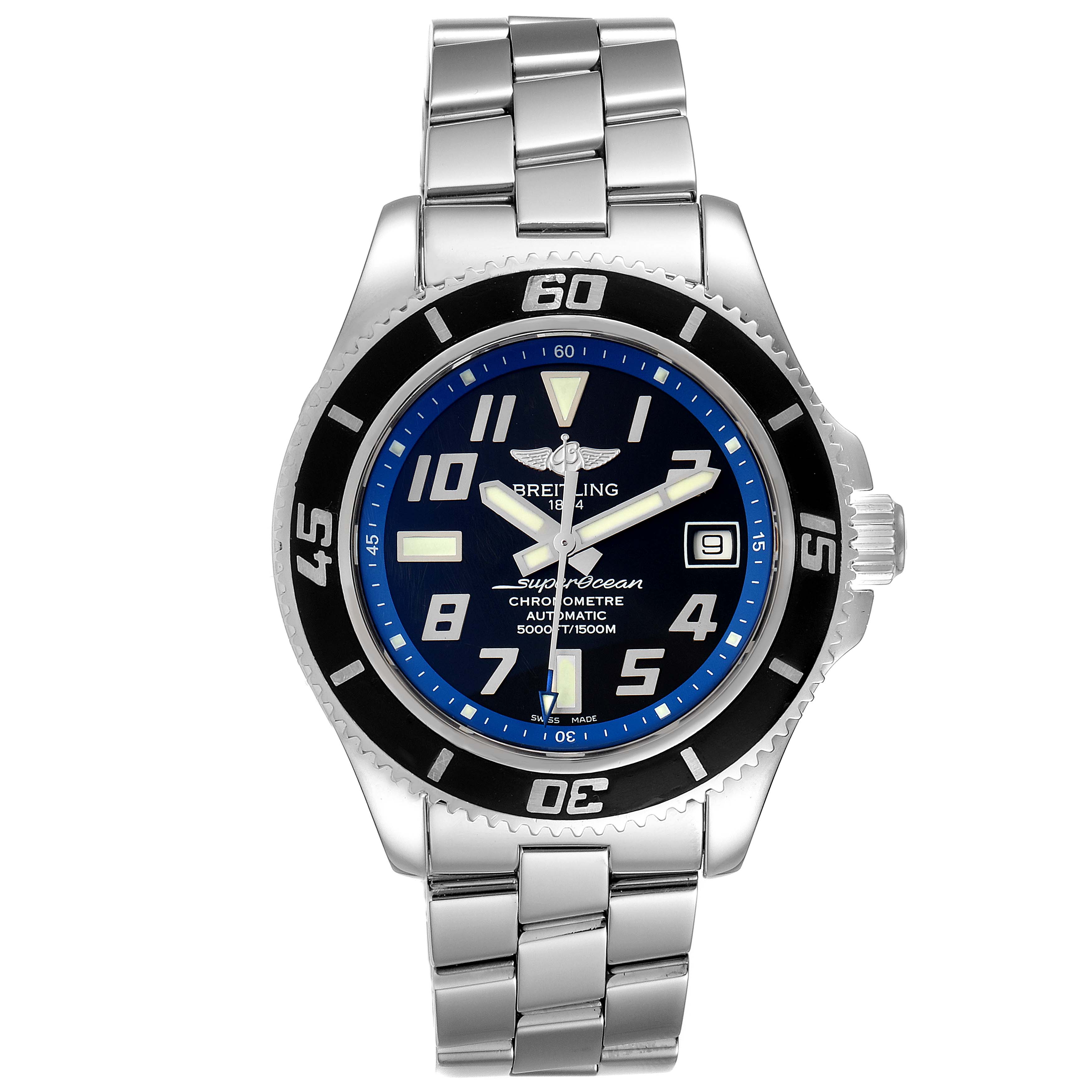 The image displays a front view of a Breitling Superocean A17364 Men's Stainless Steel Black Dial A17364 Men's Stainless Steel Black Dial watch showcasing its face, bezel, crown, and metal bracelet.