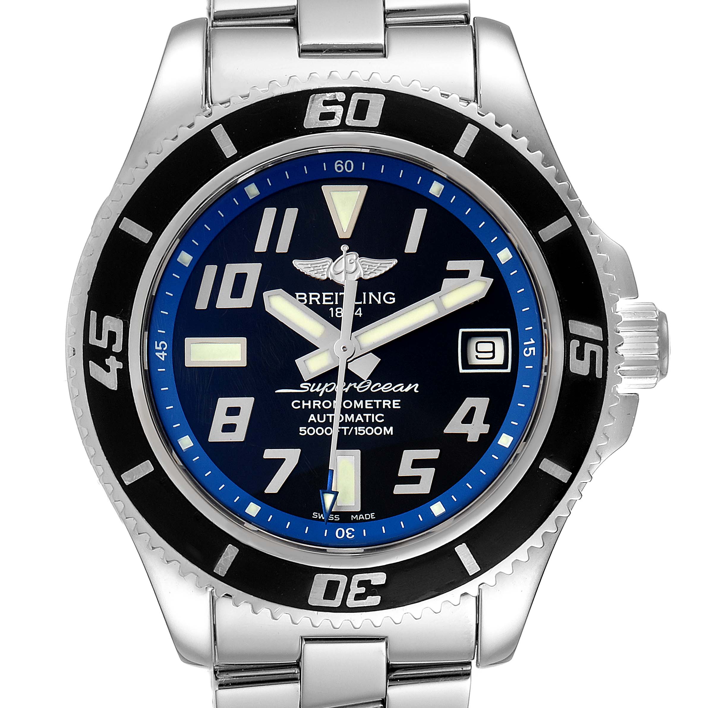 The image shows a front view of a Breitling Superocean A17364 Men's Stainless Steel Black Dial A17364 Men's Stainless Steel Black Dial watch, displaying its face, bezel, crown, and part of the bracelet.