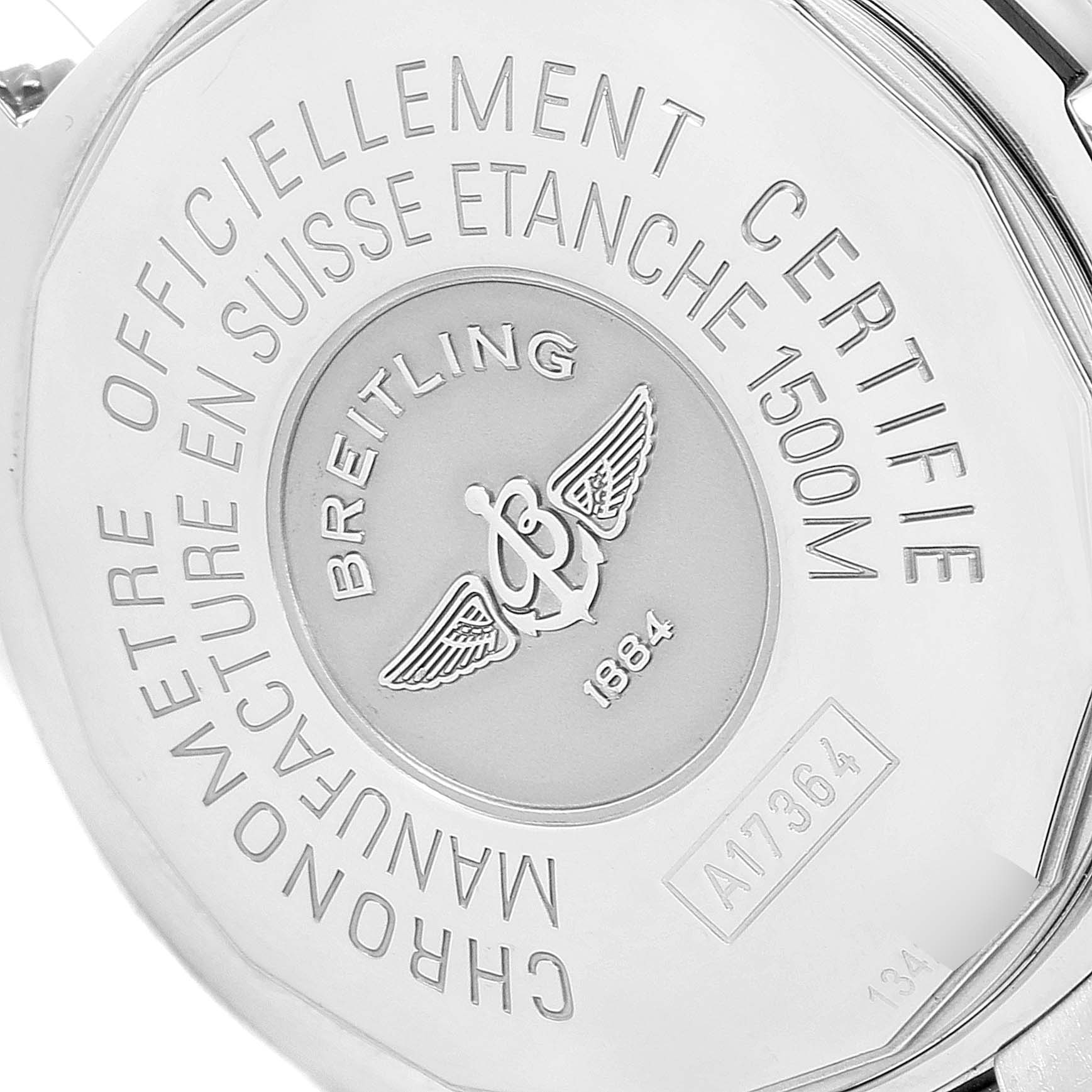 The image shows the back casing of a Breitling Superocean A17364 Men's Stainless Steel Black Dial A17364 Men's Stainless Steel Black Dial watch, displaying the brand logo and various inscriptions.