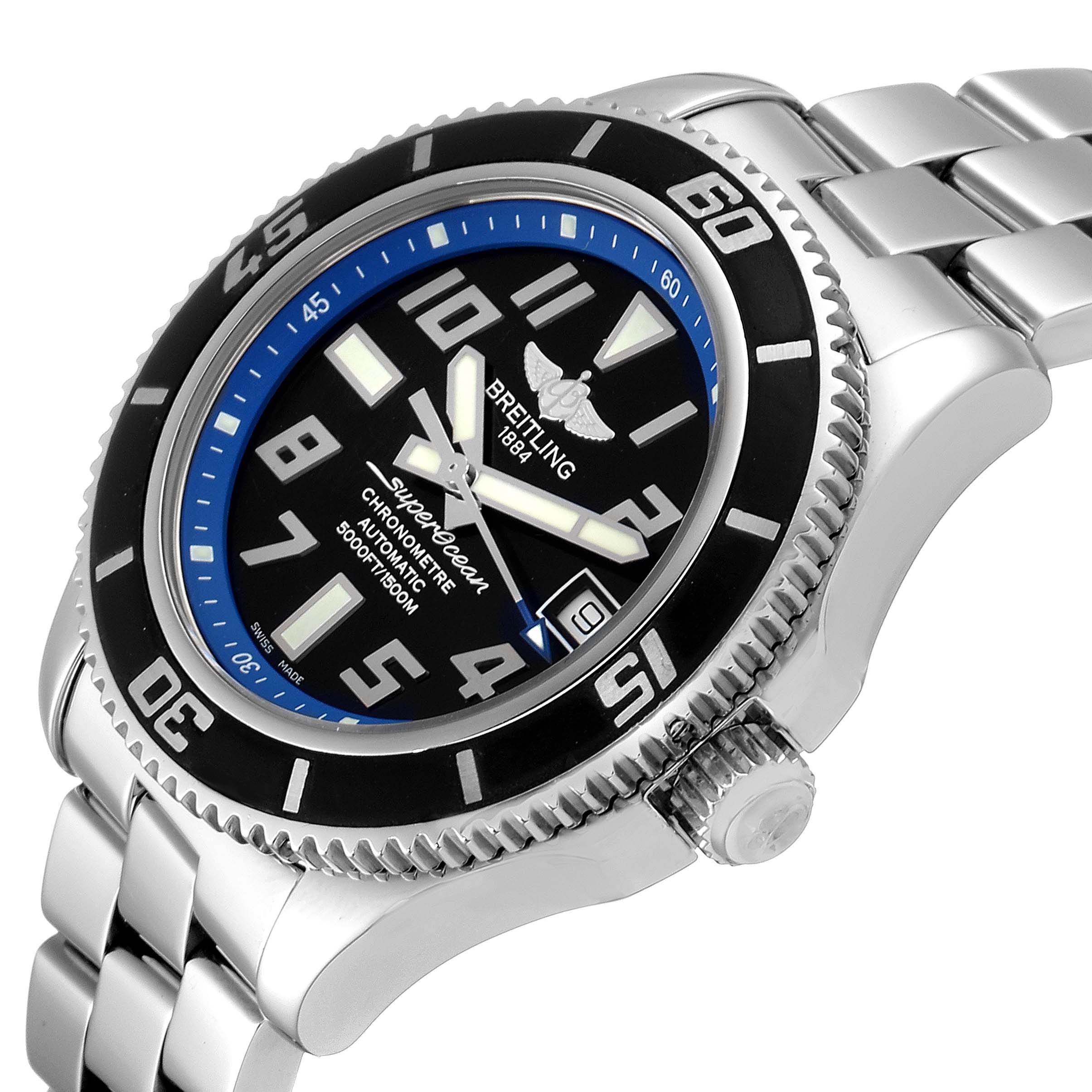The image shows a close-up angled view of a Breitling Superocean A17364 Men's Stainless Steel Black Dial A17364 Men's Stainless Steel Black Dial watch, highlighting the bezel, dial, crown, and part of the bracelet.