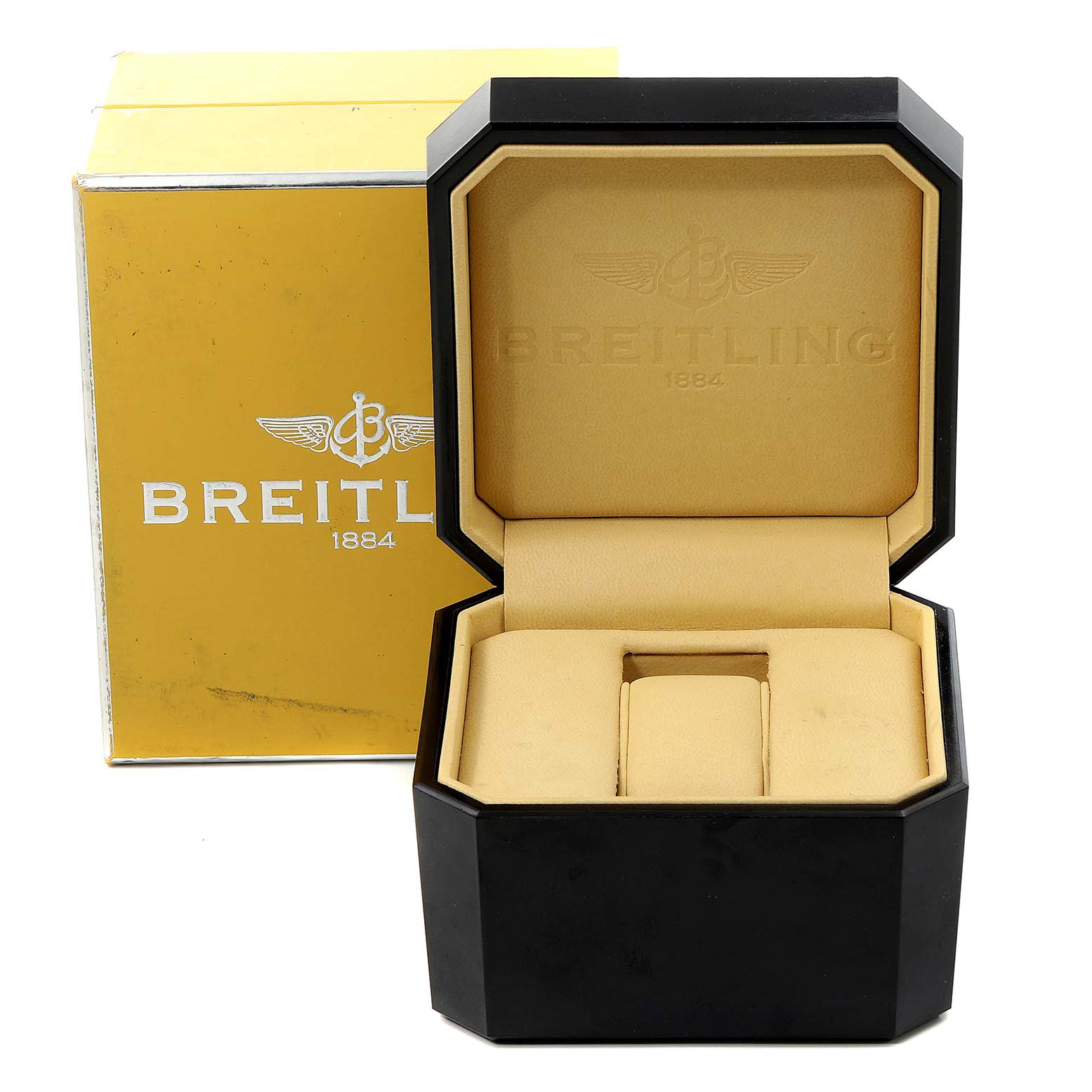 This image shows the packaging box and inner case for the Breitling Superocean A17364 Men's Stainless Steel Black Dial A17364 Men's Stainless Steel Black Dial watch, with the logo prominently displayed.