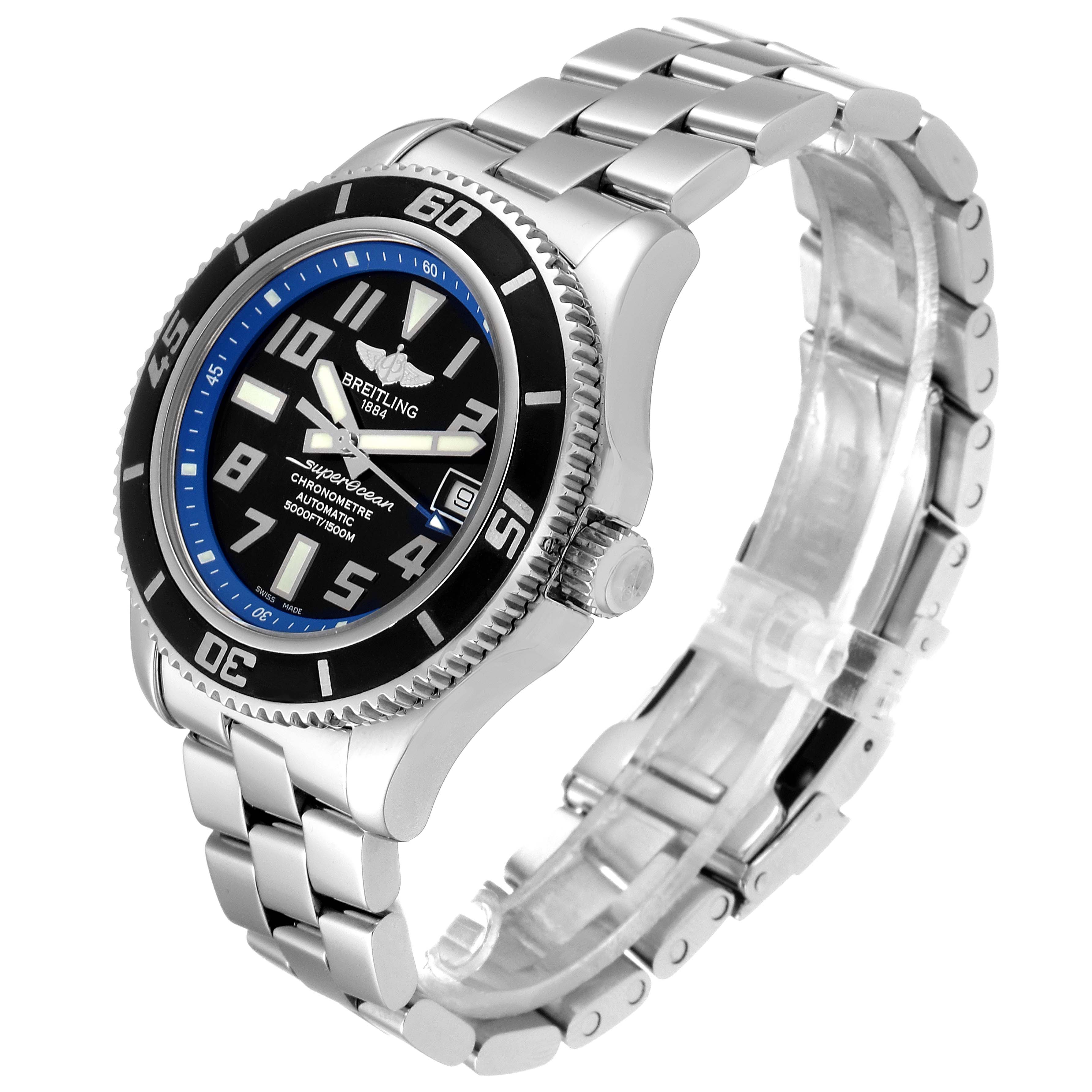 This image shows a Breitling Superocean A17364 Men's Stainless Steel Black Dial A17364 Men's Stainless Steel Black Dial watch at a 3/4 angle, highlighting the face, bezel, crown, and metal bracelet.