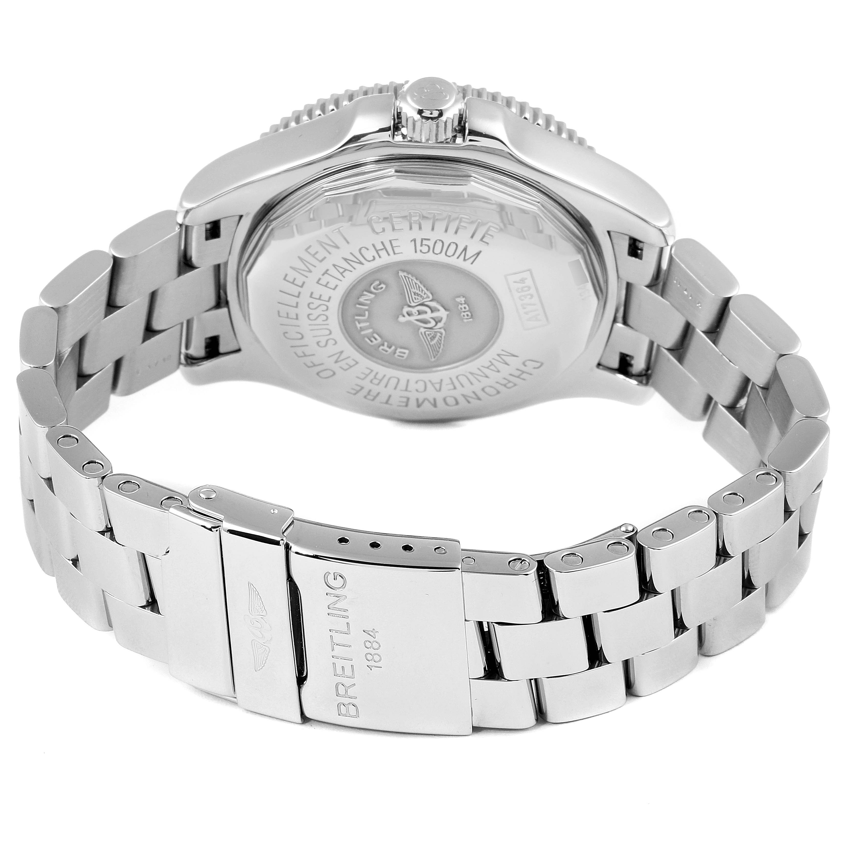 The image shows the back and bracelet of a Breitling Superocean A17364 Men's Stainless Steel Black Dial A17364 Men's Stainless Steel Black Dial watch, highlighting the caseback details and clasp.