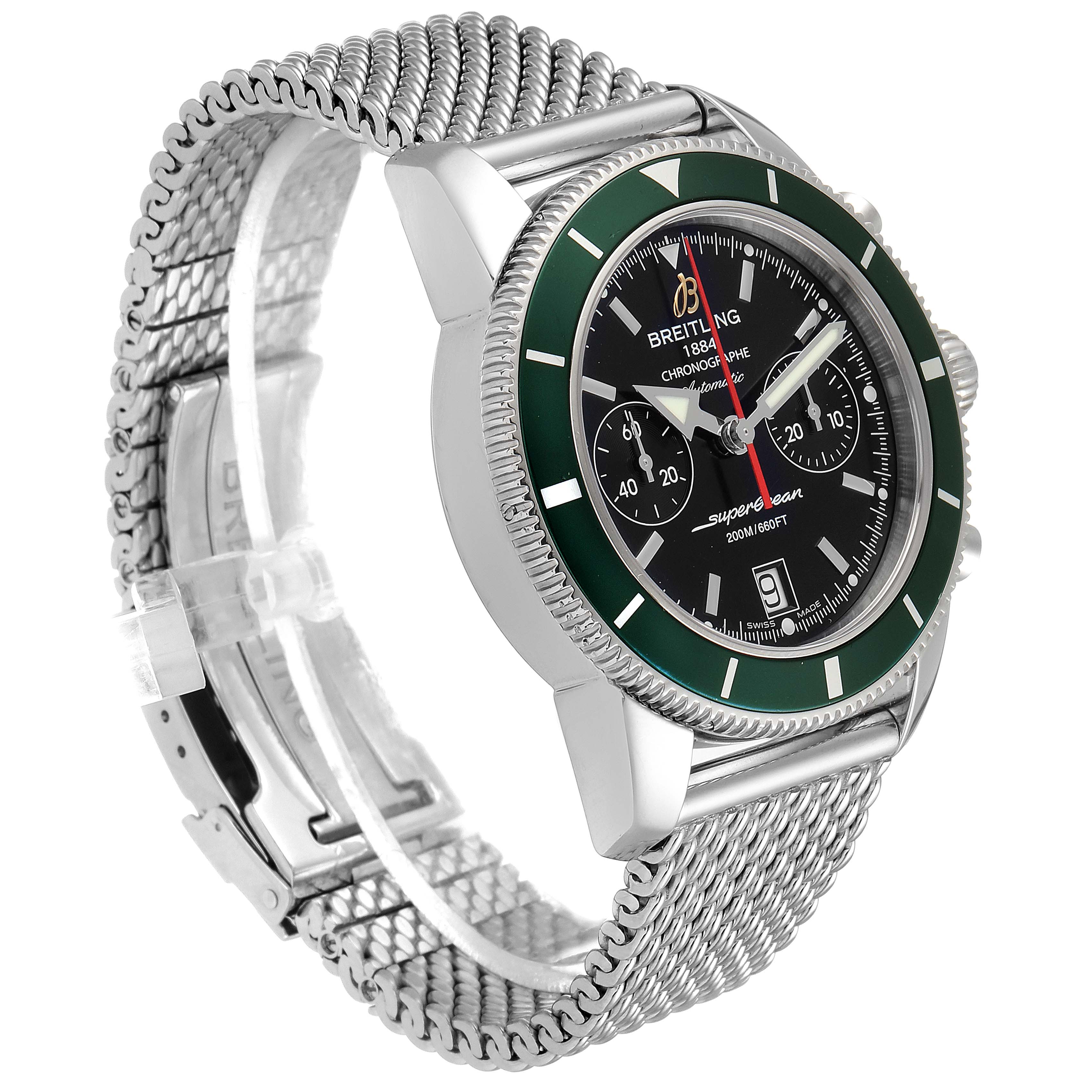 The angle shows the Breitling Superocean A2337036-BB81-154A Men's Stainless Steel Black Dial A2337036-BB81-154A Men's Stainless Steel Black Dial watch from the right side, displaying its green bezel, black dial, and mesh bracelet.