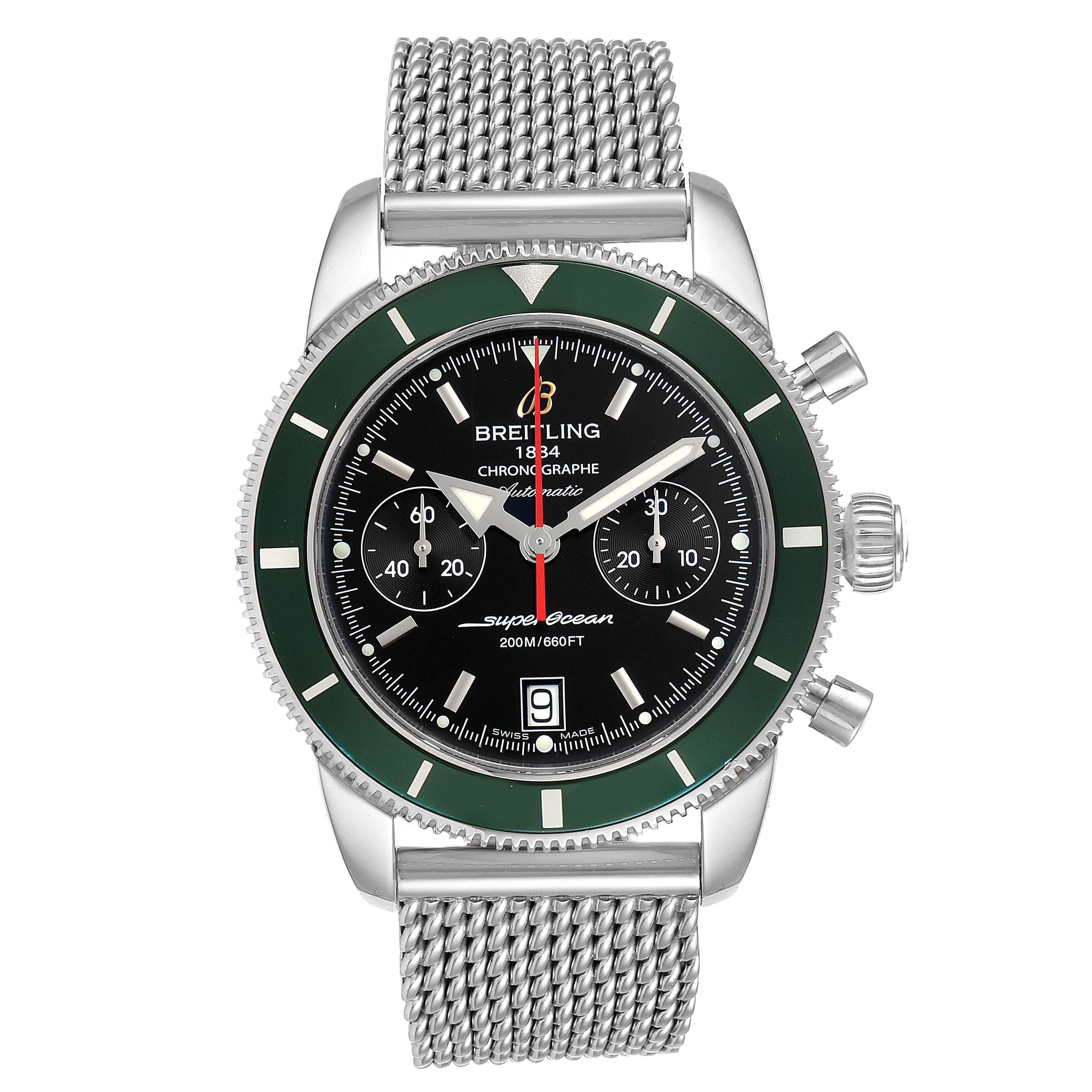 The image shows a front view of a Breitling Superocean A2337036-BB81-154A Men's Stainless Steel Black Dial A2337036-BB81-154A Men's Stainless Steel Black Dial watch featuring a mesh bracelet, chronograph dials, and a green bezel.