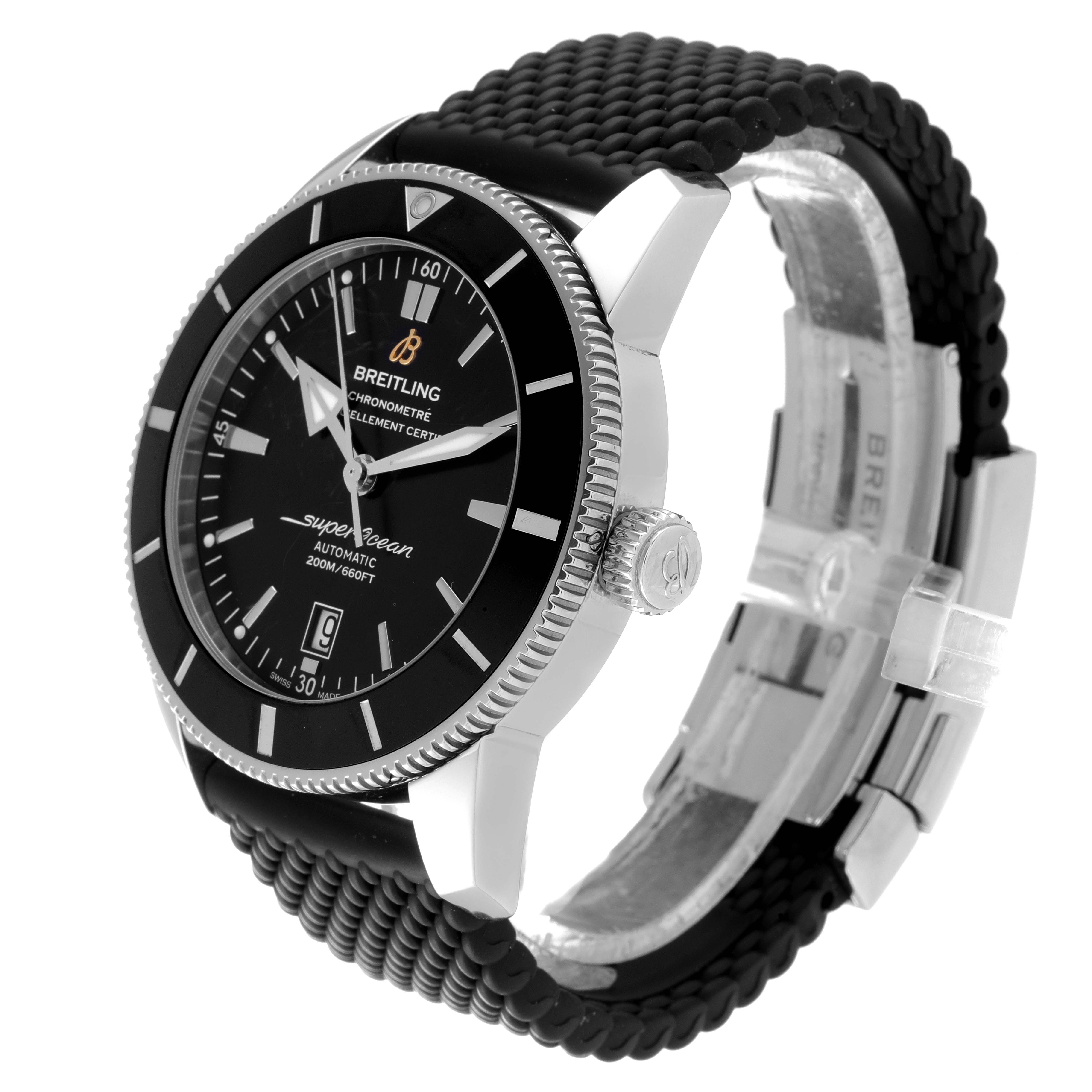 The image shows a Breitling Superocean AB202016-C961-152A Men's Stainless Steel Black Dial AB202016-C961-152A Men's Stainless Steel Black Dial watch at an angled side view, highlighting its black dial, bezel, and rubber strap.