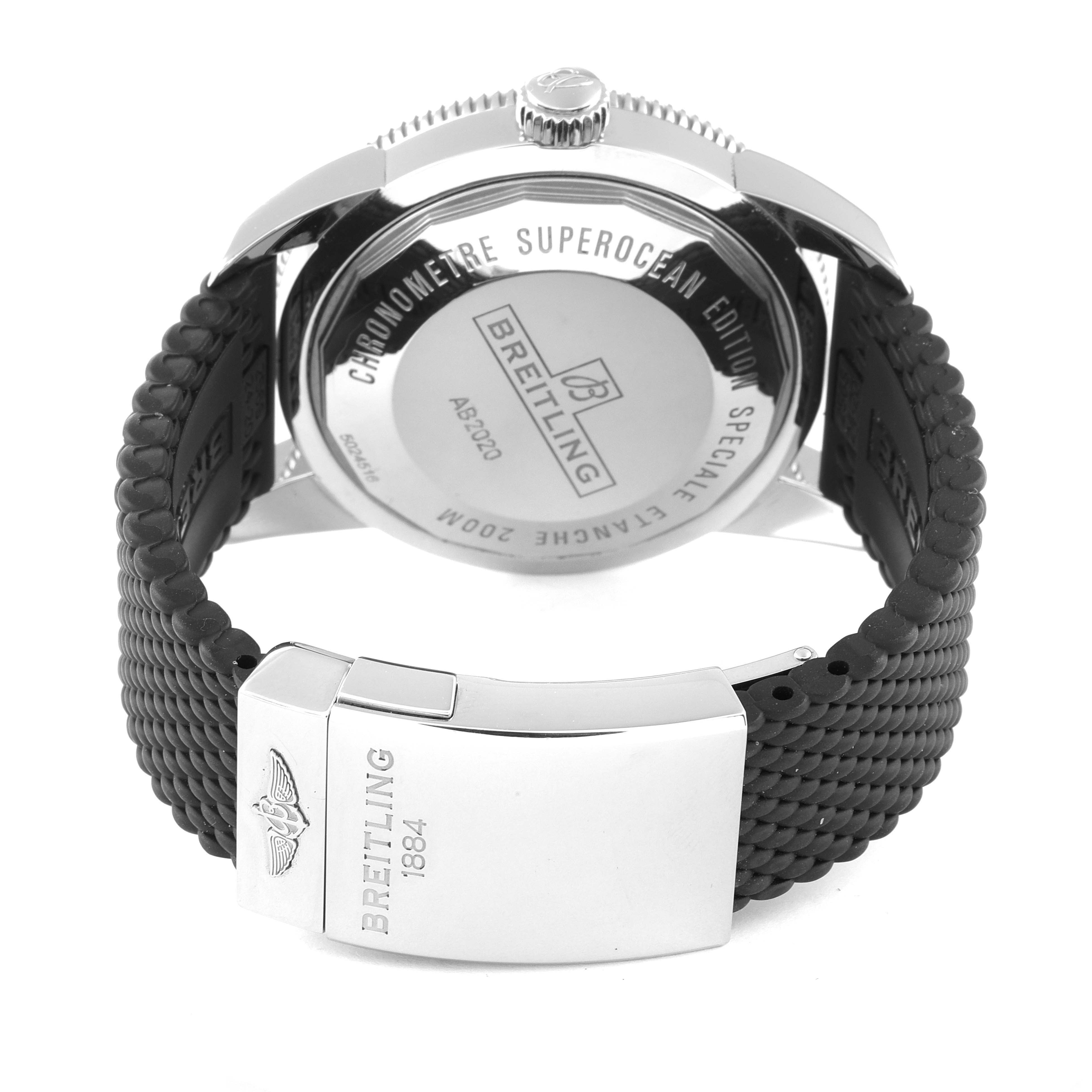 The image shows the back case and clasp of a Breitling Superocean AB202016-C961-152A Men's Stainless Steel Black Dial AB202016-C961-152A Men's Stainless Steel Black Dial watch, viewed from an angled rear perspective.