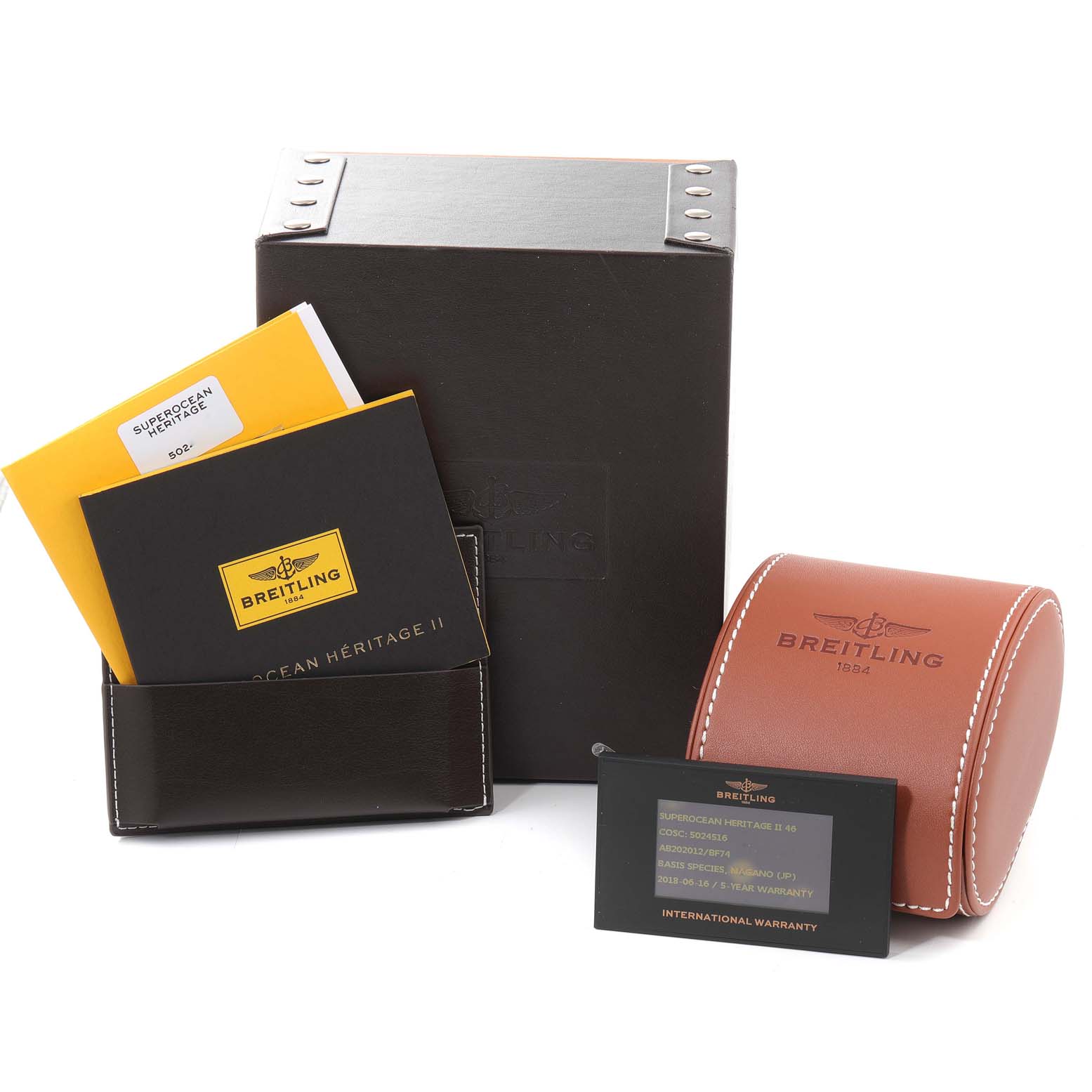 The image shows the Breitling Superocean AB202016-C961-152A Men's Stainless Steel Black Dial AB202016-C961-152A Men's Stainless Steel Black Dial watch packaging, including a box, manuals, watch case, and warranty card.