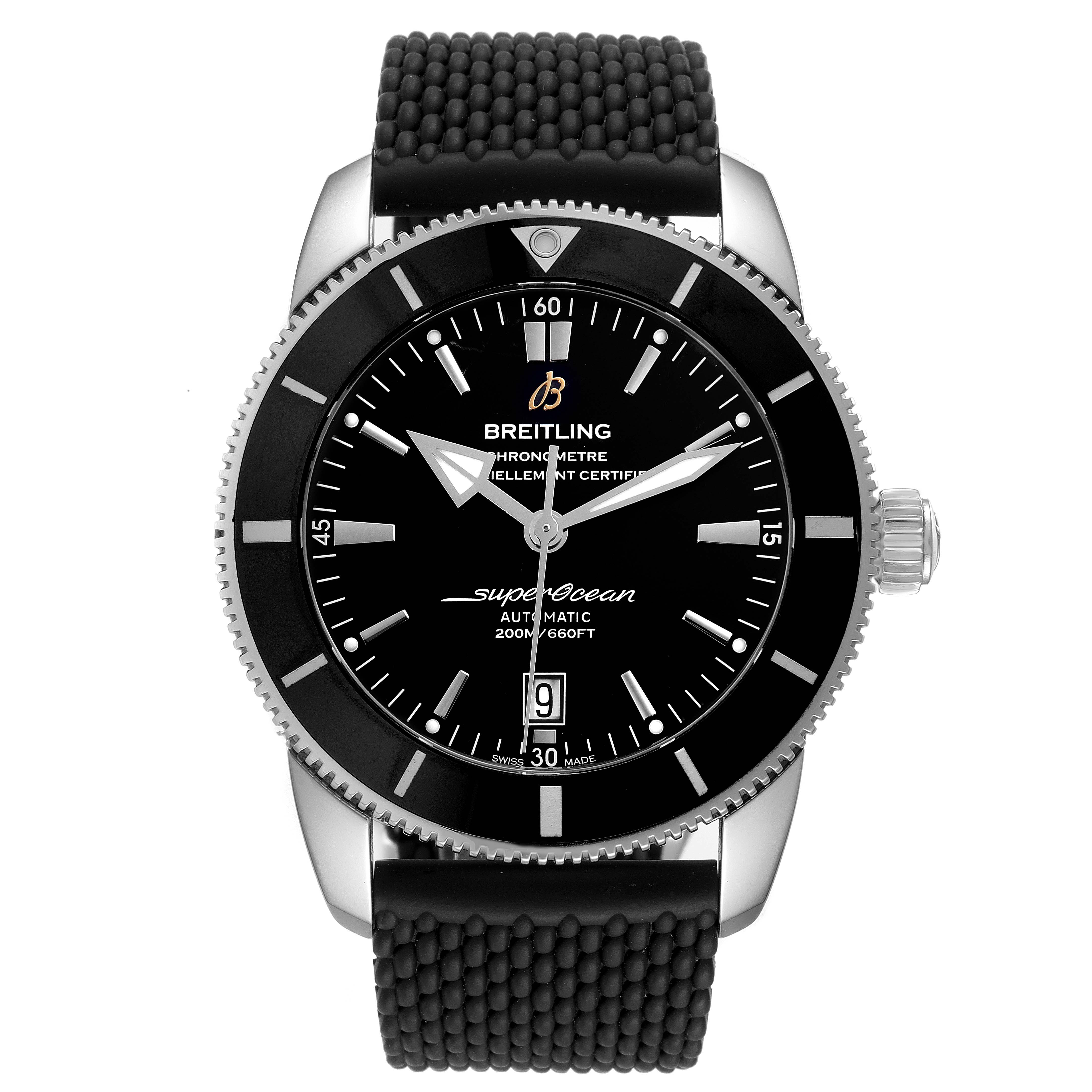 The image shows a front view of a Breitling Superocean AB202016-C961-152A Men's Stainless Steel Black Dial AB202016-C961-152A Men's Stainless Steel Black Dial watch, featuring its black dial, bezel, and textured rubber strap.