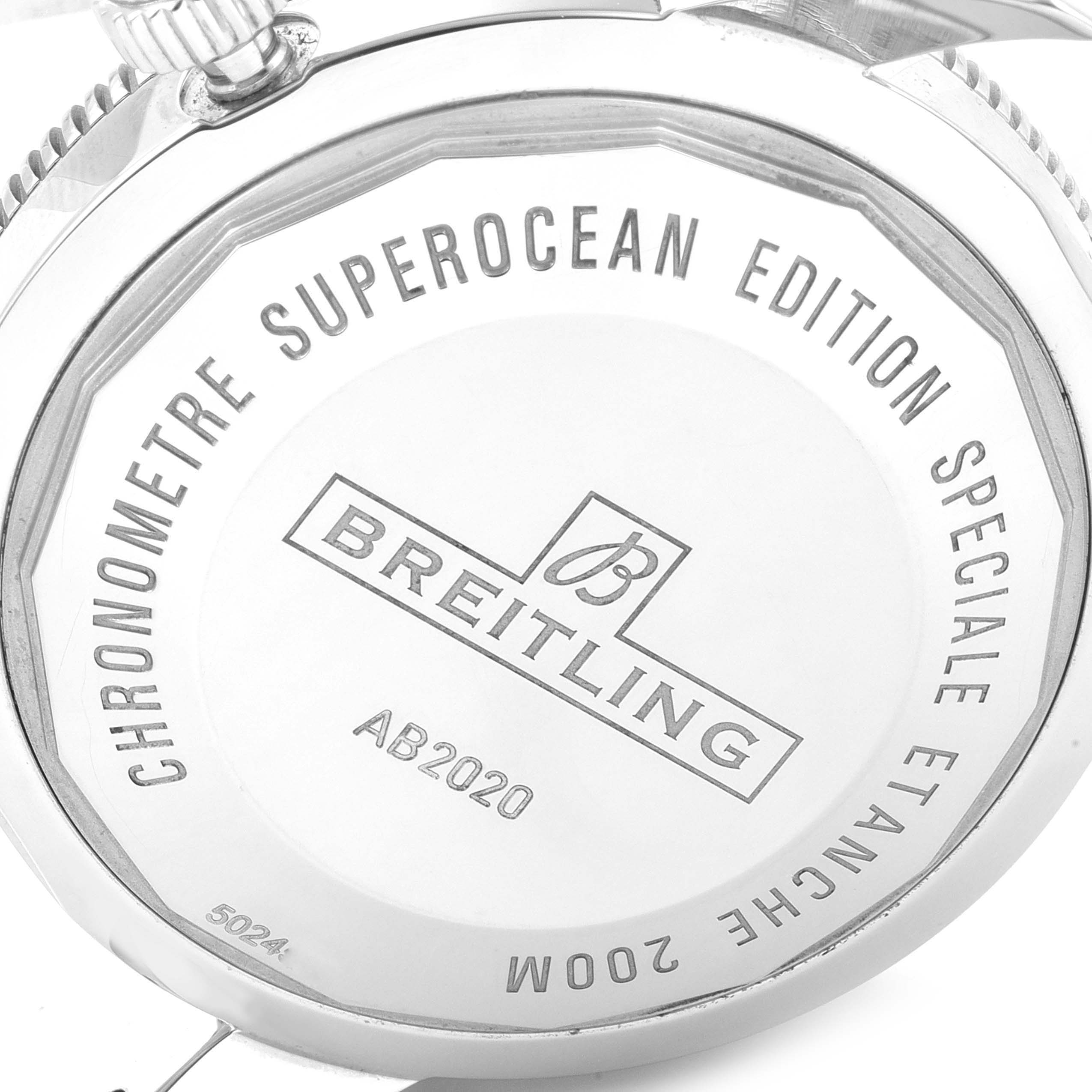 The image shows the case back of the Breitling Superocean AB202016-C961-152A Men's Stainless Steel Black Dial AB202016-C961-152A Men's Stainless Steel Black Dial watch model, highlighting its engravings and branding.