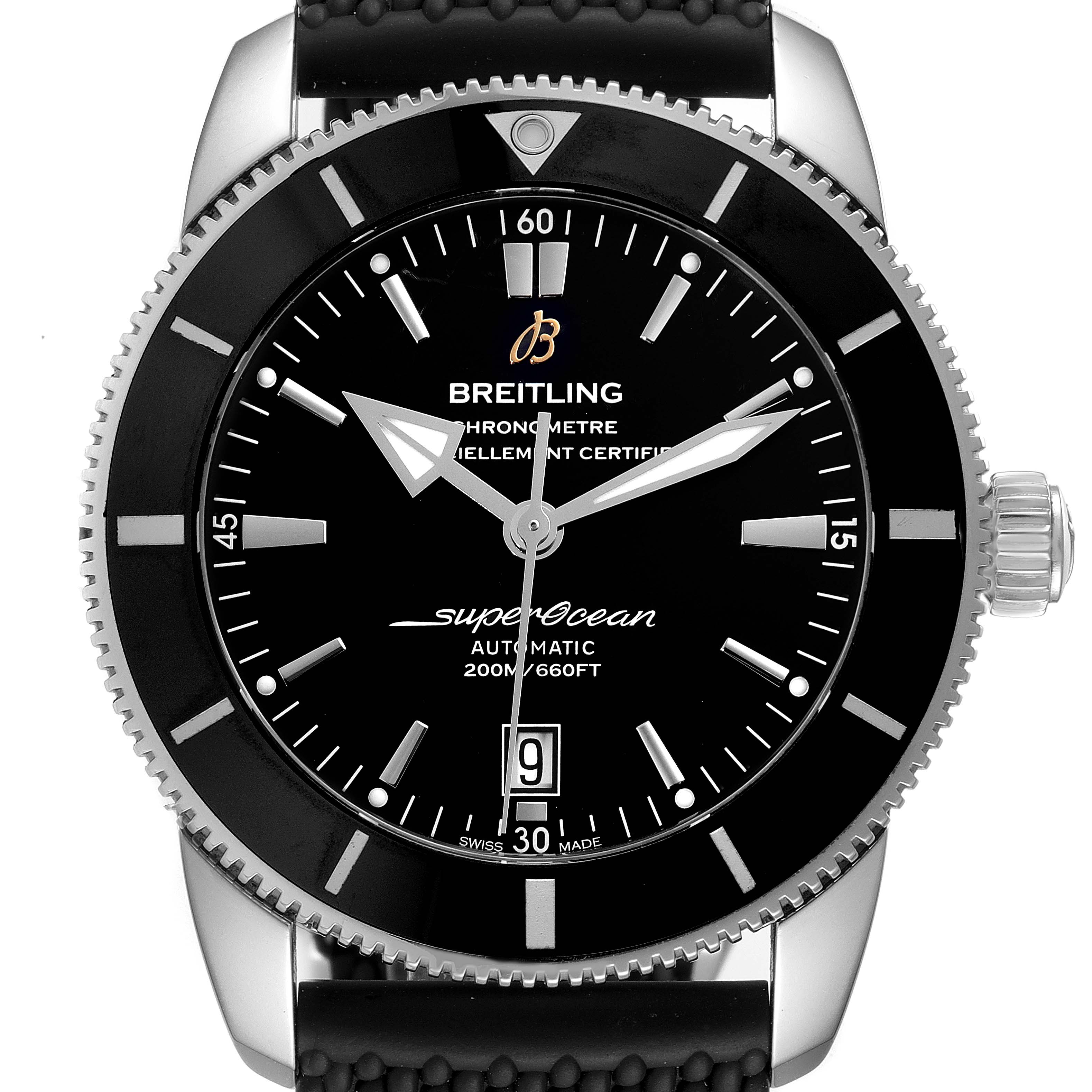 The Breitling Superocean AB202016-C961-152A Men's Stainless Steel Black Dial AB202016-C961-152A Men's Stainless Steel Black Dial model watch is shown from a front angle, displaying the dial, bezel, and portion of the strap and crown.