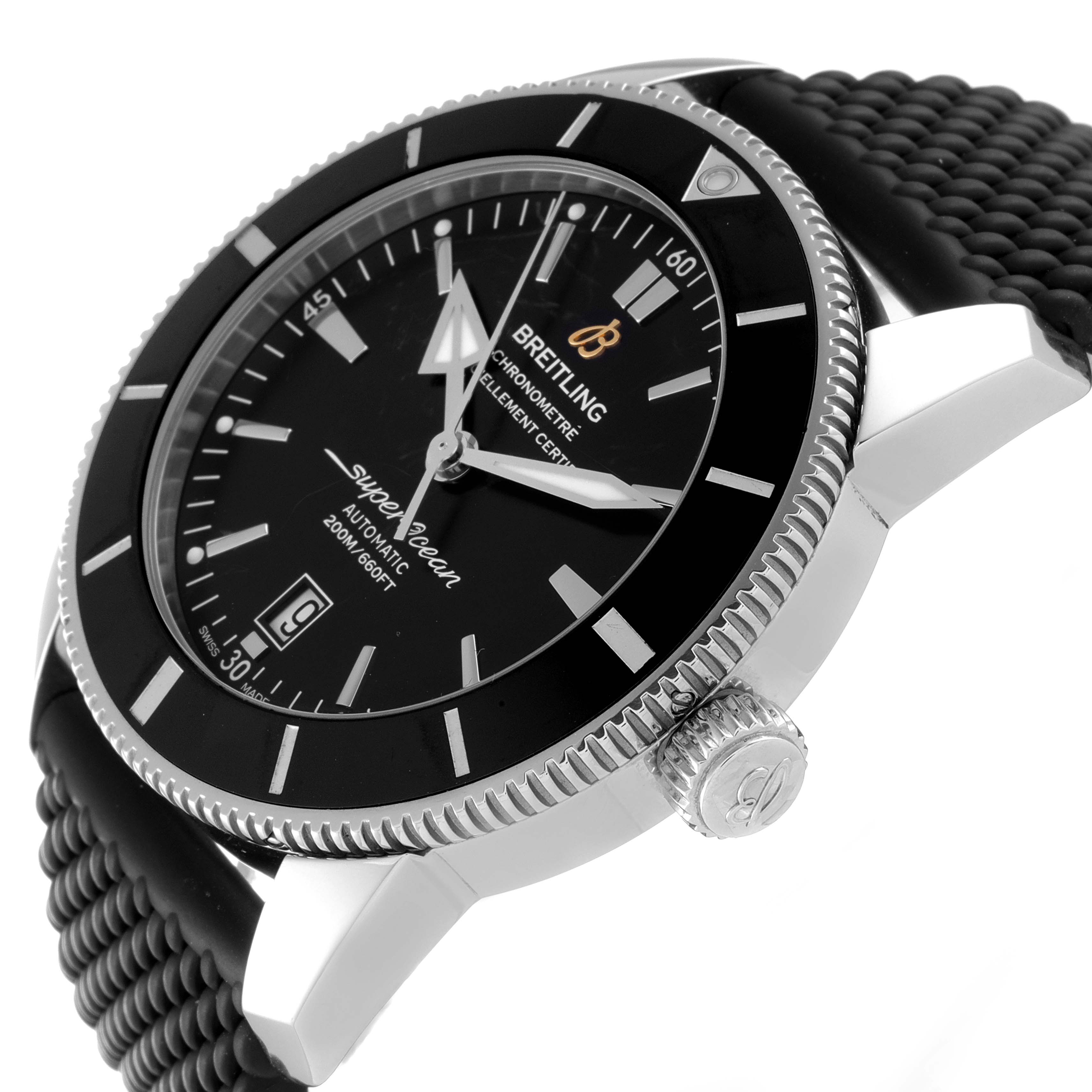 This image shows a side angle of the Breitling Superocean AB202016-C961-152A Men's Stainless Steel Black Dial AB202016-C961-152A Men's Stainless Steel Black Dial watch, highlighting the bezel, dial, case, and part of the strap.