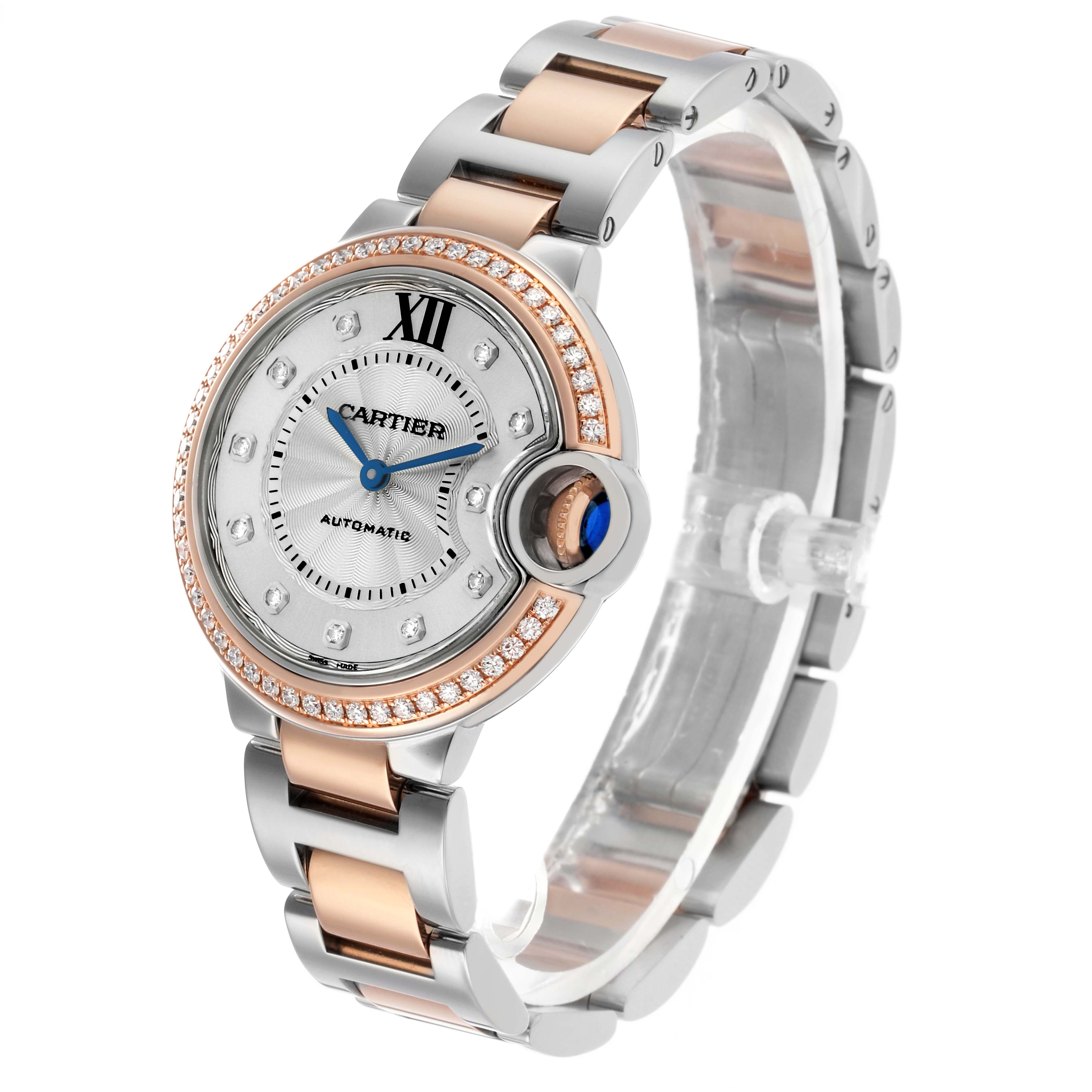 The Cartier Ballon Bleu W3BB0023 Women's Steel and Gold (two tone) Silver Dial watch is shown at a three-quarter angle, displaying the face, bracelet, and crown.