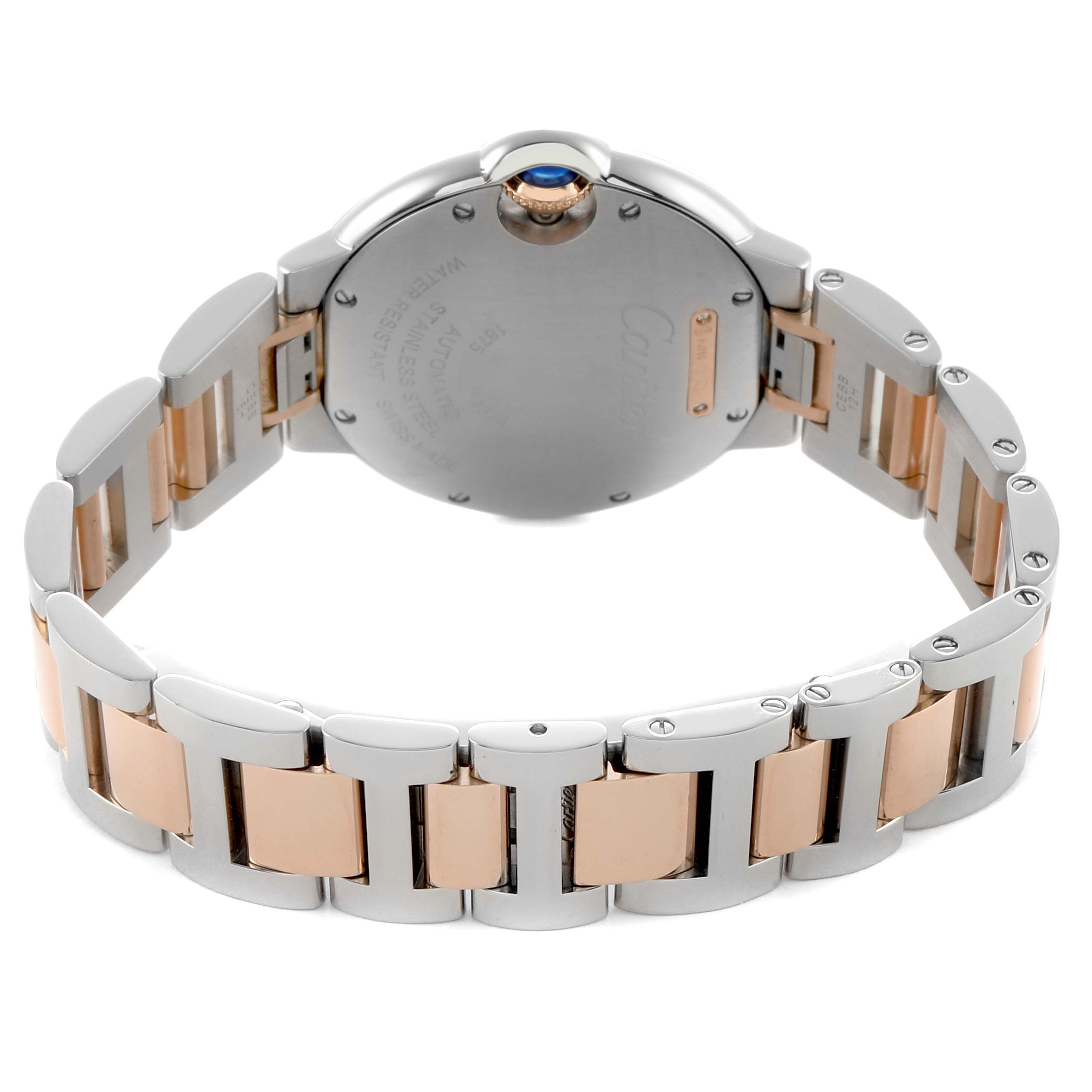 The image shows the back and bracelet of the Cartier Ballon Bleu W3BB0023 Women's Steel and Gold (two tone) Silver Dial watch, highlighting the two-tone metal links and the case back.