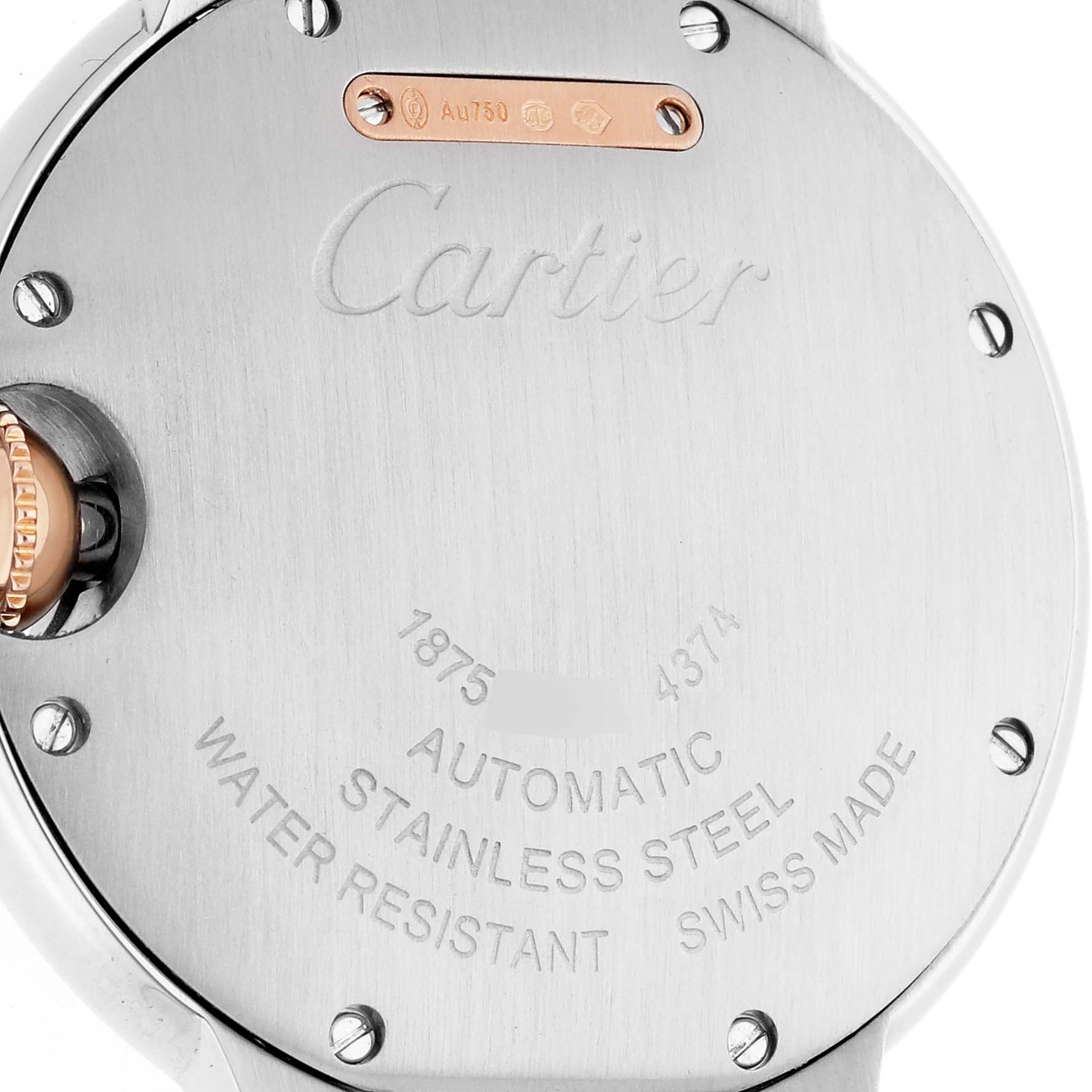 The image shows the back of a Cartier Ballon Bleu W3BB0023 Women's Steel and Gold (two tone) Silver Dial watch, highlighting the engraved text and detailing.