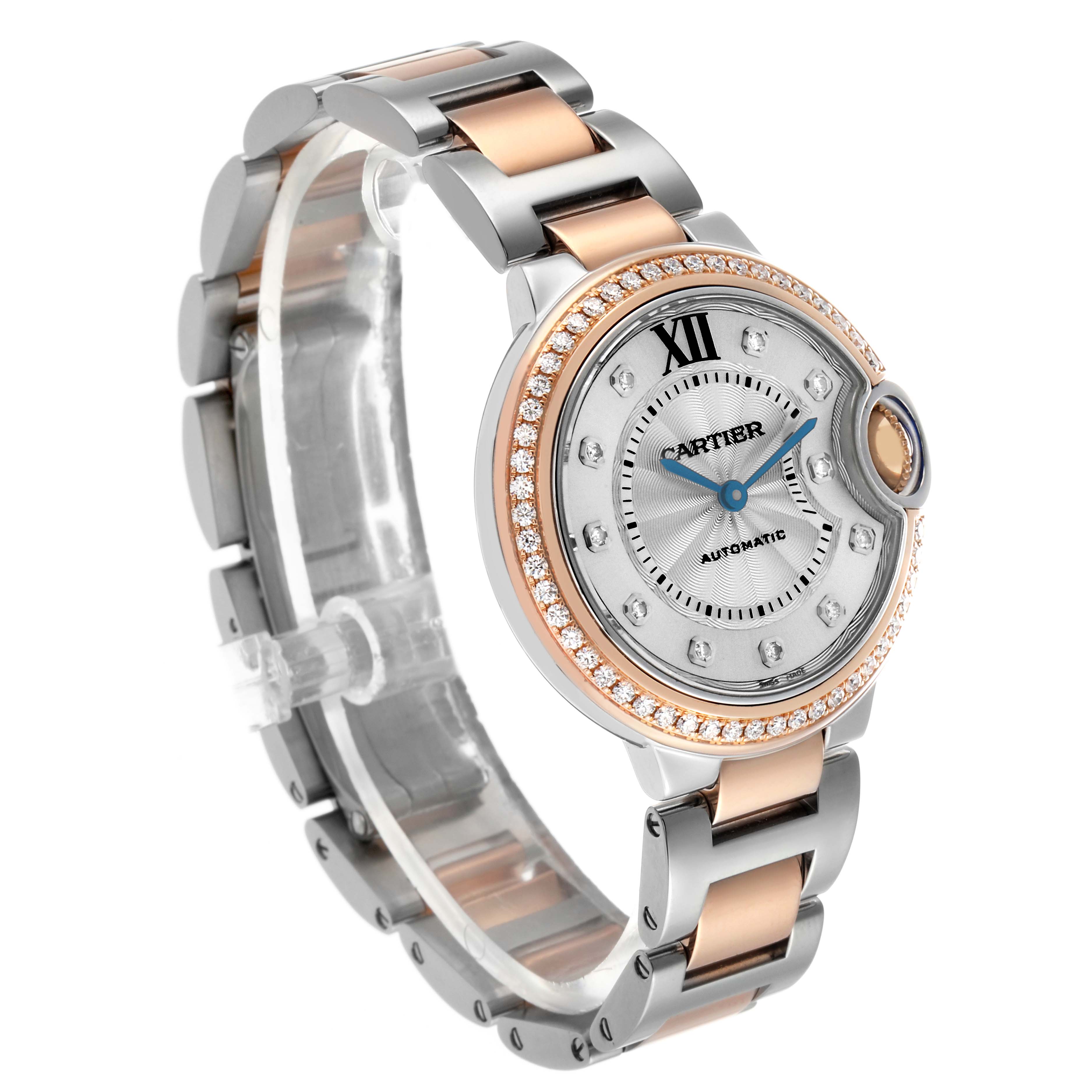 The Cartier Ballon Bleu W3BB0023 Women's Steel and Gold (two tone) Silver Dial watch is shown from a side angle, highlighting its bracelet and diamond-accented bezel.