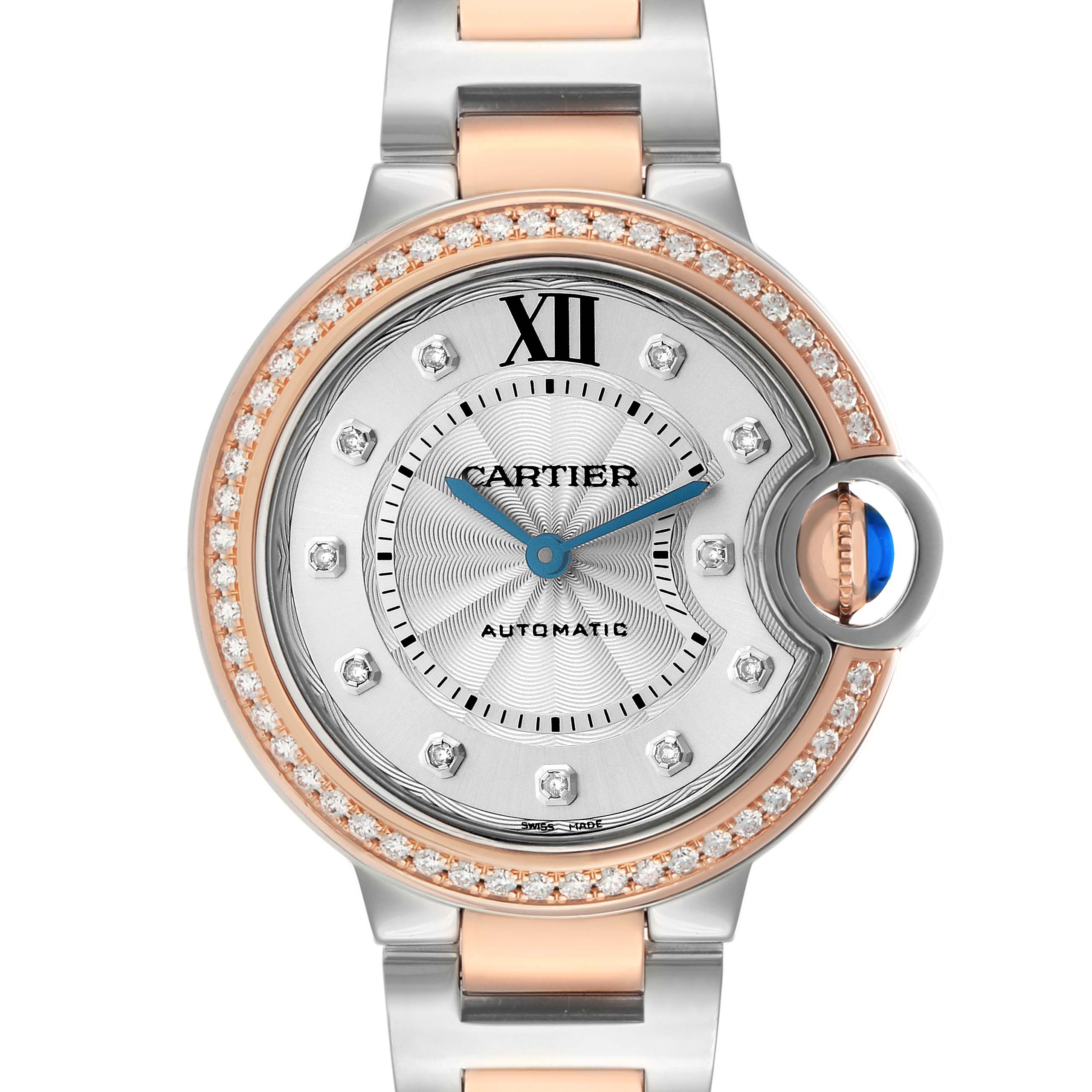 The Cartier Ballon Bleu W3BB0023 Women's Steel and Gold (two tone) Silver Dial watch is shown from a front angle, highlighting the face, crown, bezel, and part of the bracelet.