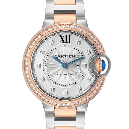 The image shows a frontal view of a Cartier Ballon Bleu W3BB0023 Women's Steel and Gold (two tone) Silver Dial watch, highlighting its face, diamond bezel, and part of the bracelet.