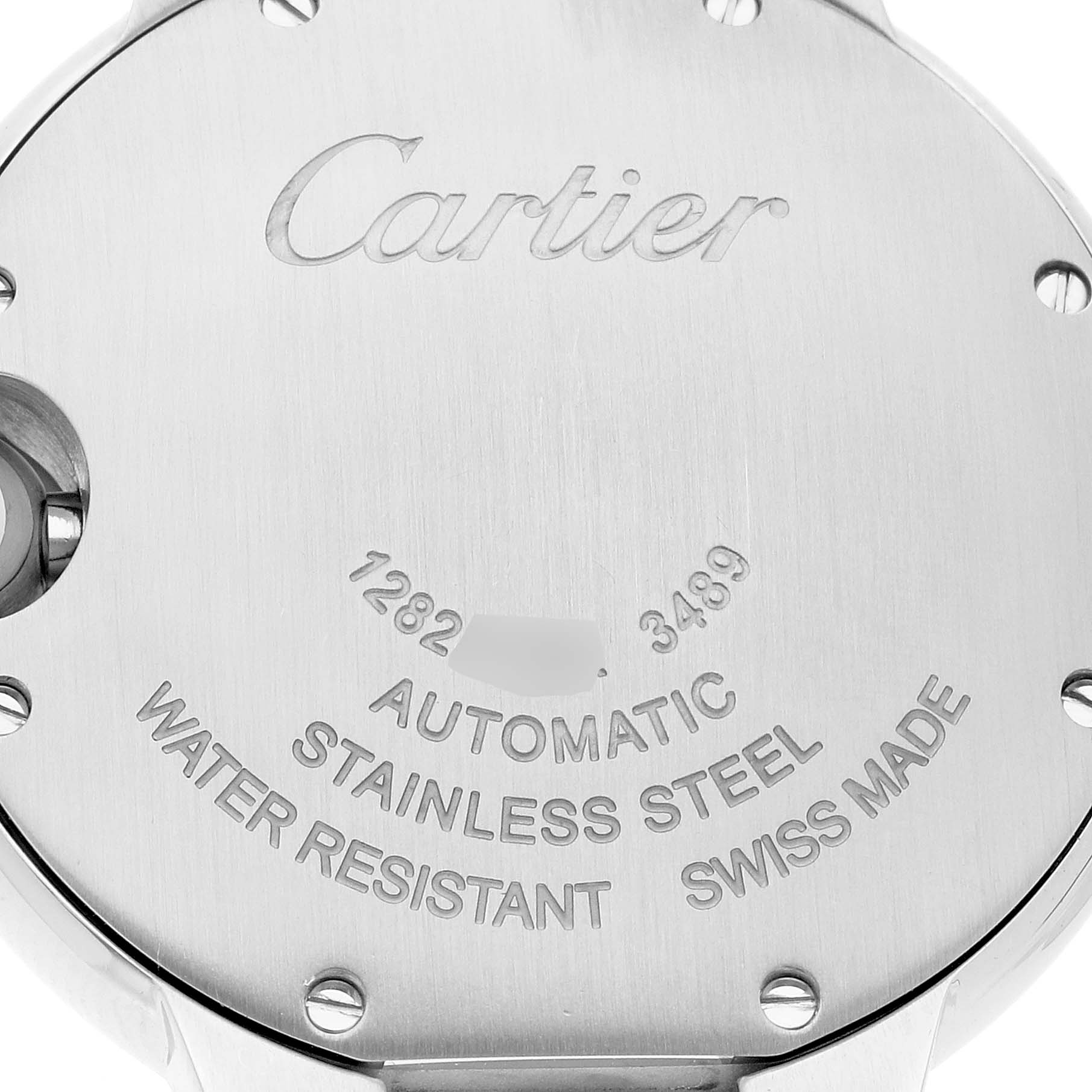 This image shows the engraved back case of a Cartier Ballon Bleu W4BB0016 Women's Stainless Steel Silver Dial W4BB0016 Women's Stainless Steel Silver Dial watch, highlighting its specifications.