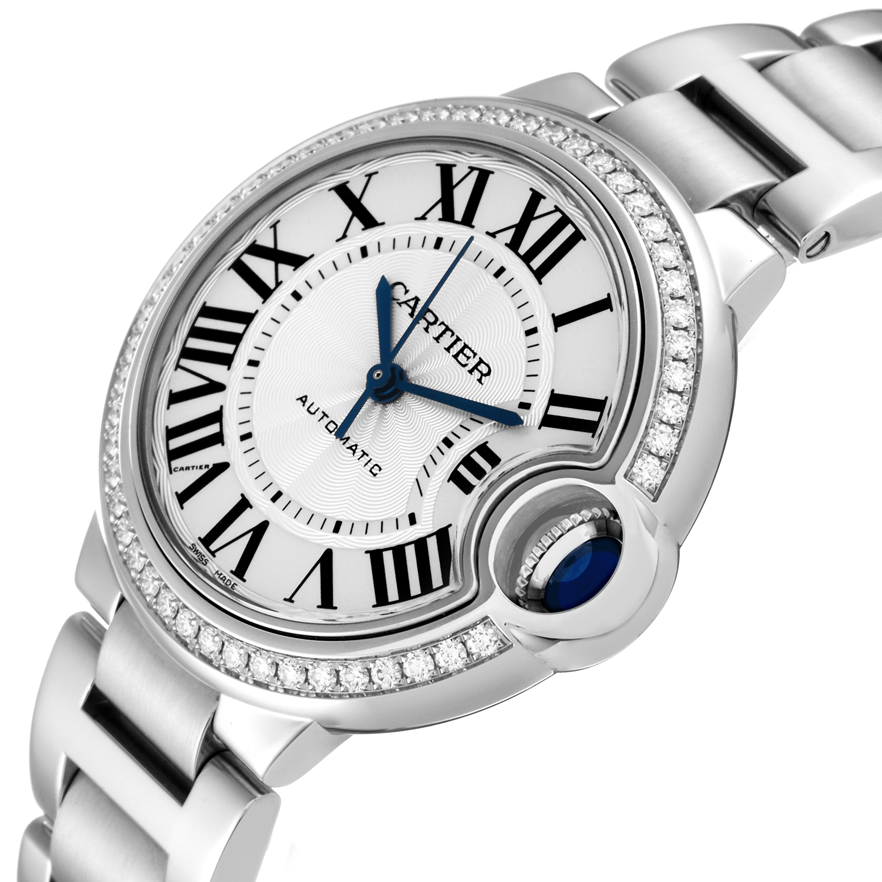 This image showcases the face, crown, and part of the bracelet of the Cartier Ballon Bleu W4BB0016 Women's Stainless Steel Silver Dial W4BB0016 Women's Stainless Steel Silver Dial watch at an angled view.