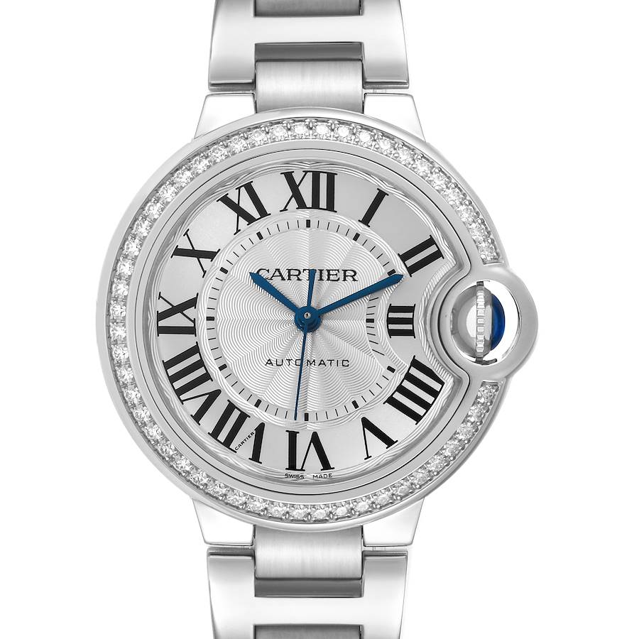 Cartier Ballon Bleu 33mm Steel Diamond Bezel Ladies Watch W4BB0016 Papers SwissWatchExpo