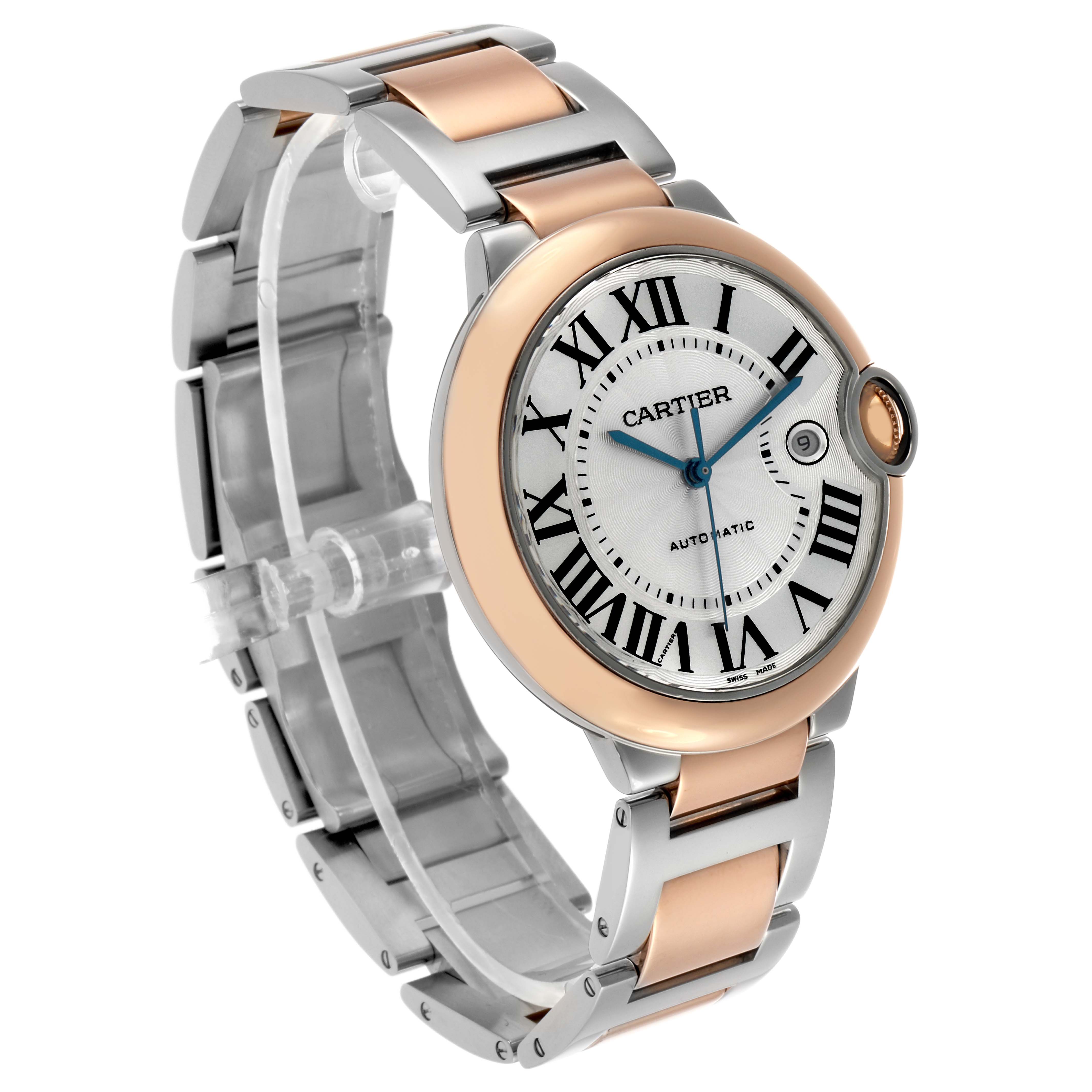The Cartier Ballon Bleu W2BB0004 Men's Steel and Gold (two tone) Silver Dial watch is shown at a slight angle, highlighting its face, Roman numerals, and bi-metal bracelet.