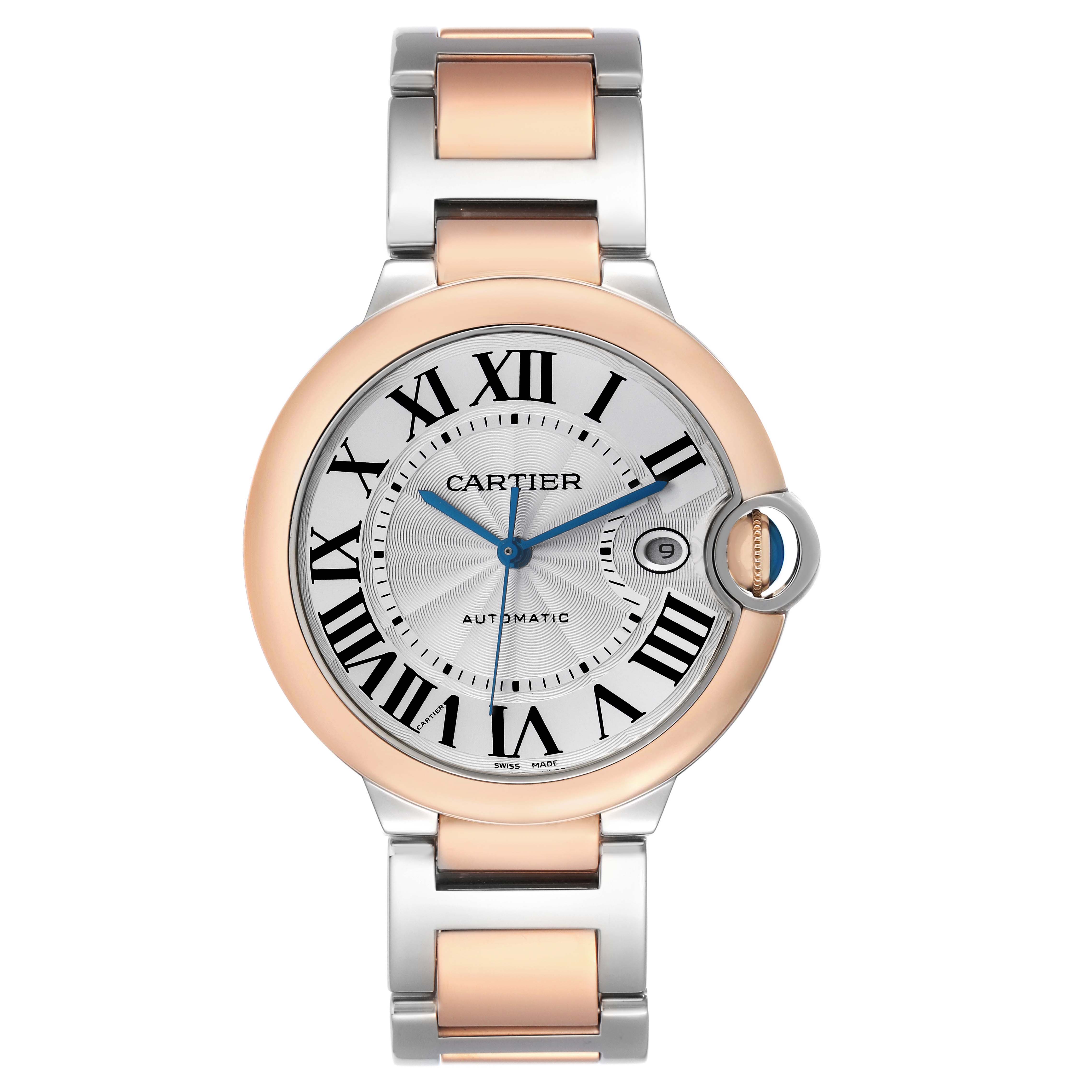 The Cartier Ballon Bleu W2BB0004 Men's Steel and Gold (two tone) Silver Dial watch is shown from a front angle, displaying the face, hands, Roman numerals, and part of the bracelet.