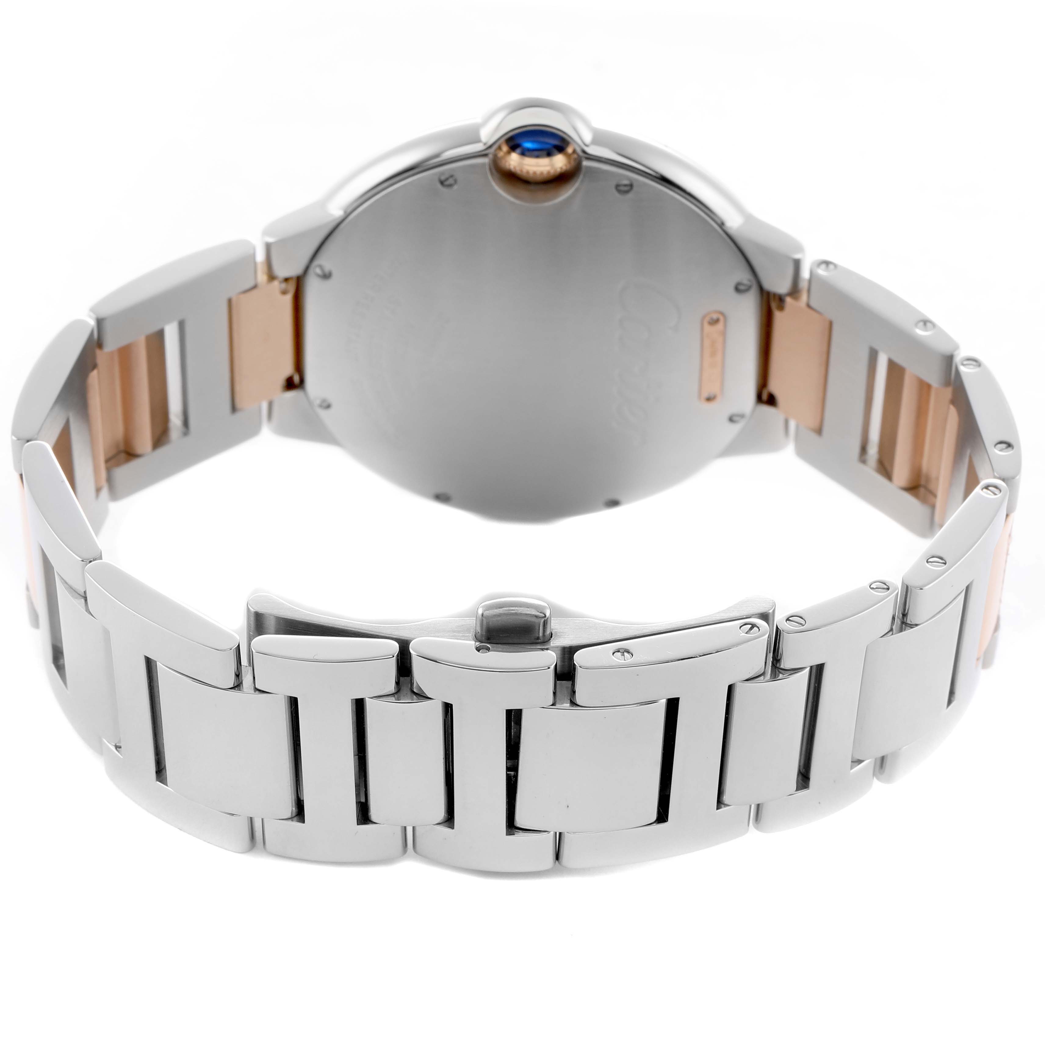 The Cartier Ballon Bleu W2BB0004 Men's Steel and Gold (two tone) Silver Dial watch is shown from the back, featuring the bracelet and crown.