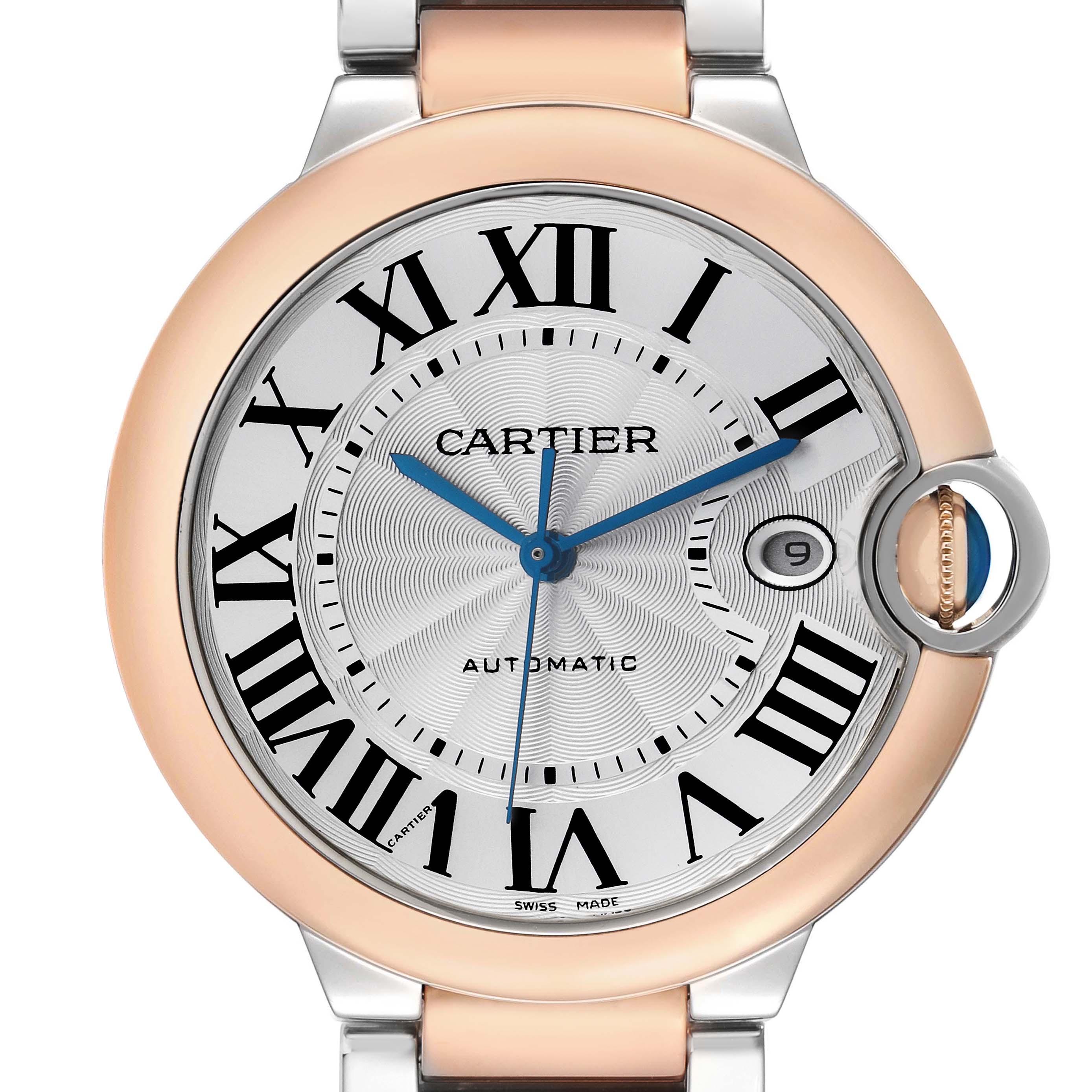 The image shows a close-up of the Cartier Ballon Bleu W2BB0004 Men's Steel and Gold (two tone) Silver Dial watch face, highlighting its Roman numerals, hands, and distinctive crown.