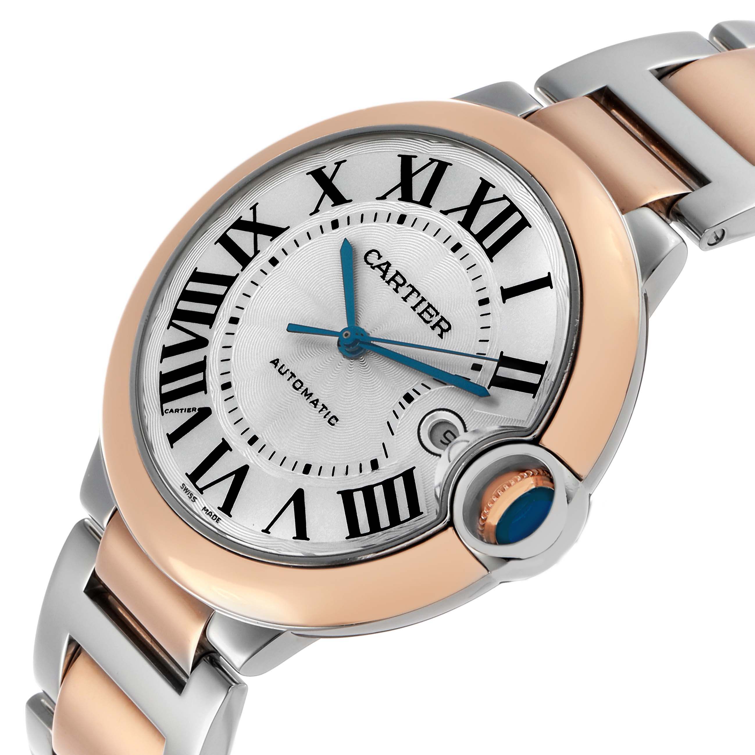 The Cartier Ballon Bleu W2BB0004 Men's Steel and Gold (two tone) Silver Dial watch is shown at an angle highlighting the face, crown, and part of the bracelet.